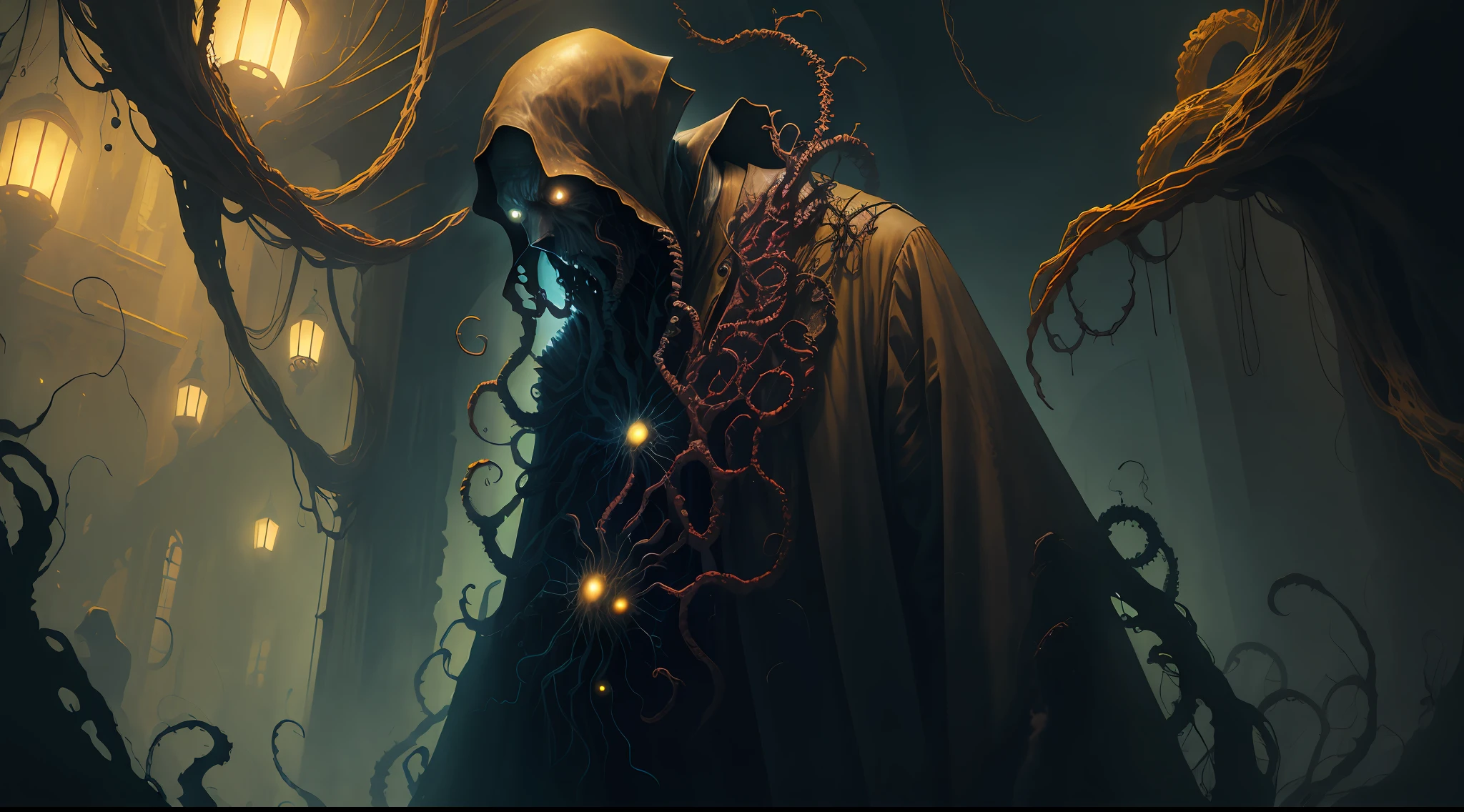 a man surrounded by nightmares, cosmic horror, tentacles, dark mood, dark ambient, night, horror, blood, terrific, fear, panic, despair