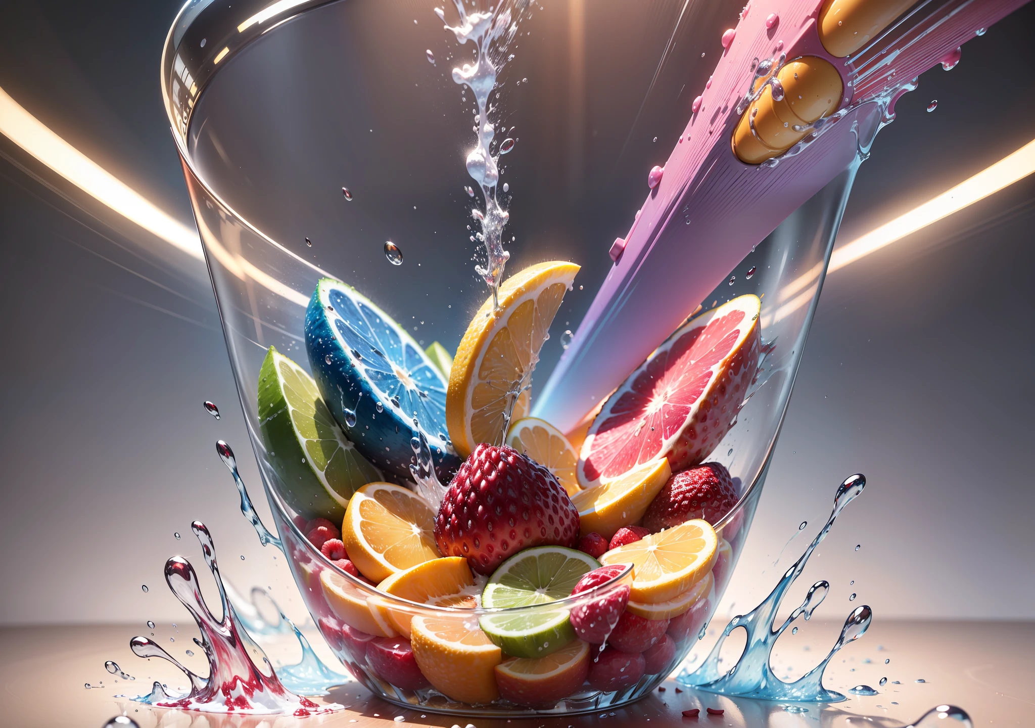 (extremely detailed and ultra-realistic), fruit blender, crisp sounds, great texture, a mix of various colorful fruits, bursting juice, slow-motion animation, close-up shot, studio lighting, vibrant colors, high contrast, dynamic camera angle, (fruit pieces exploding:1.2), (water drops splashing:1.1), (blender blades rotating:1.1). --auto --s2