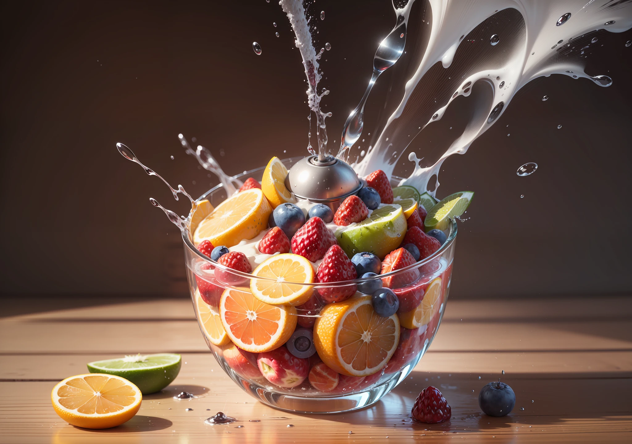 (extremely detailed and ultra-realistic), fruit blender, crisp sounds, great texture, a mix of various colorful fruits, bursting juice, slow-motion animation, close-up shot, studio lighting, vibrant colors, high contrast, dynamic camera angle, (fruit pieces exploding:1.2), (water drops splashing:1.1), (blender blades rotating:1.1). --auto --s2