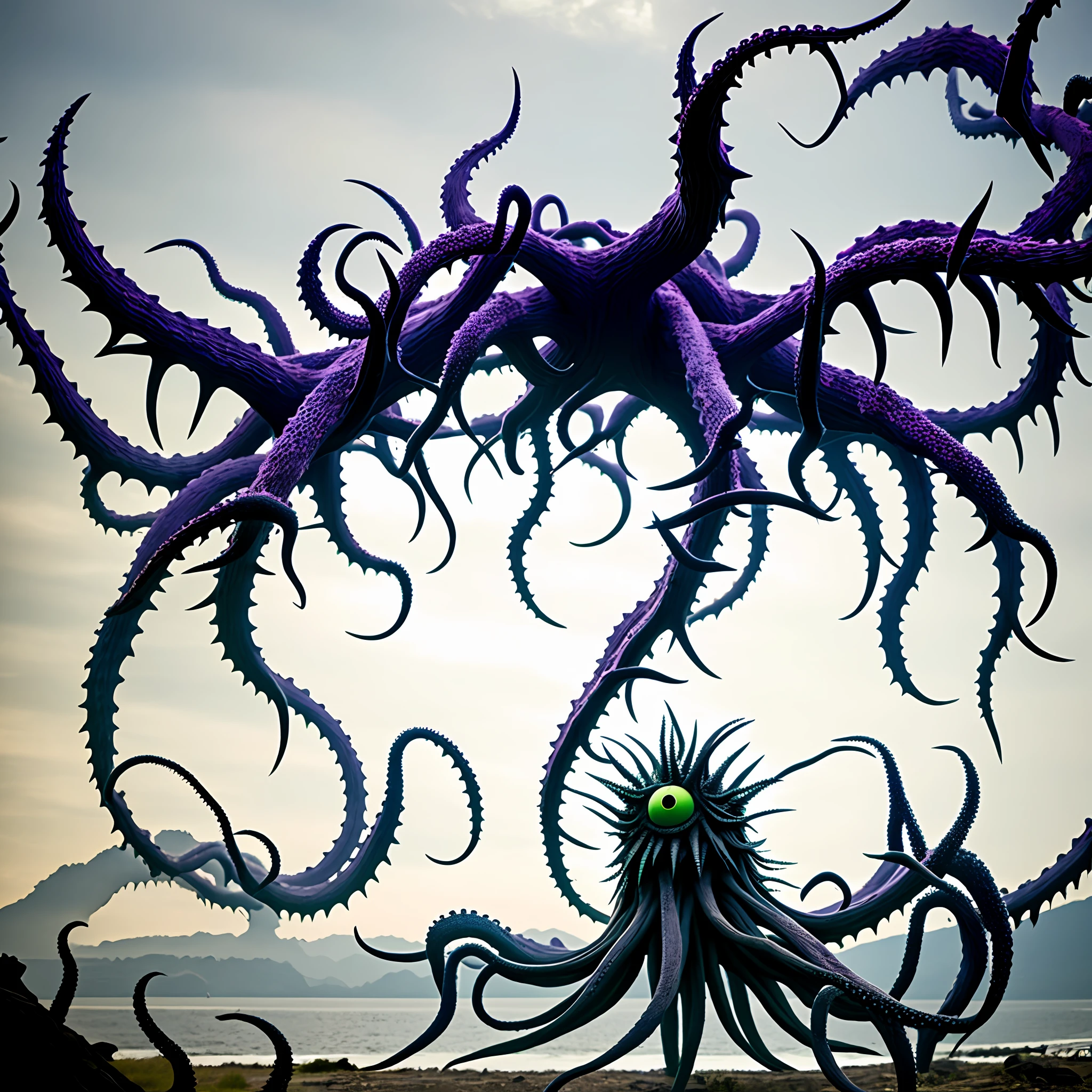 The monster appears to be comprised of a body made of interwoven thorny branches, body is no like human is like unregular ball, with a shape similar to an octopus. It has eight thin, thorny arms resembling tentacles, each ending in a sharp, on some arms are eyes