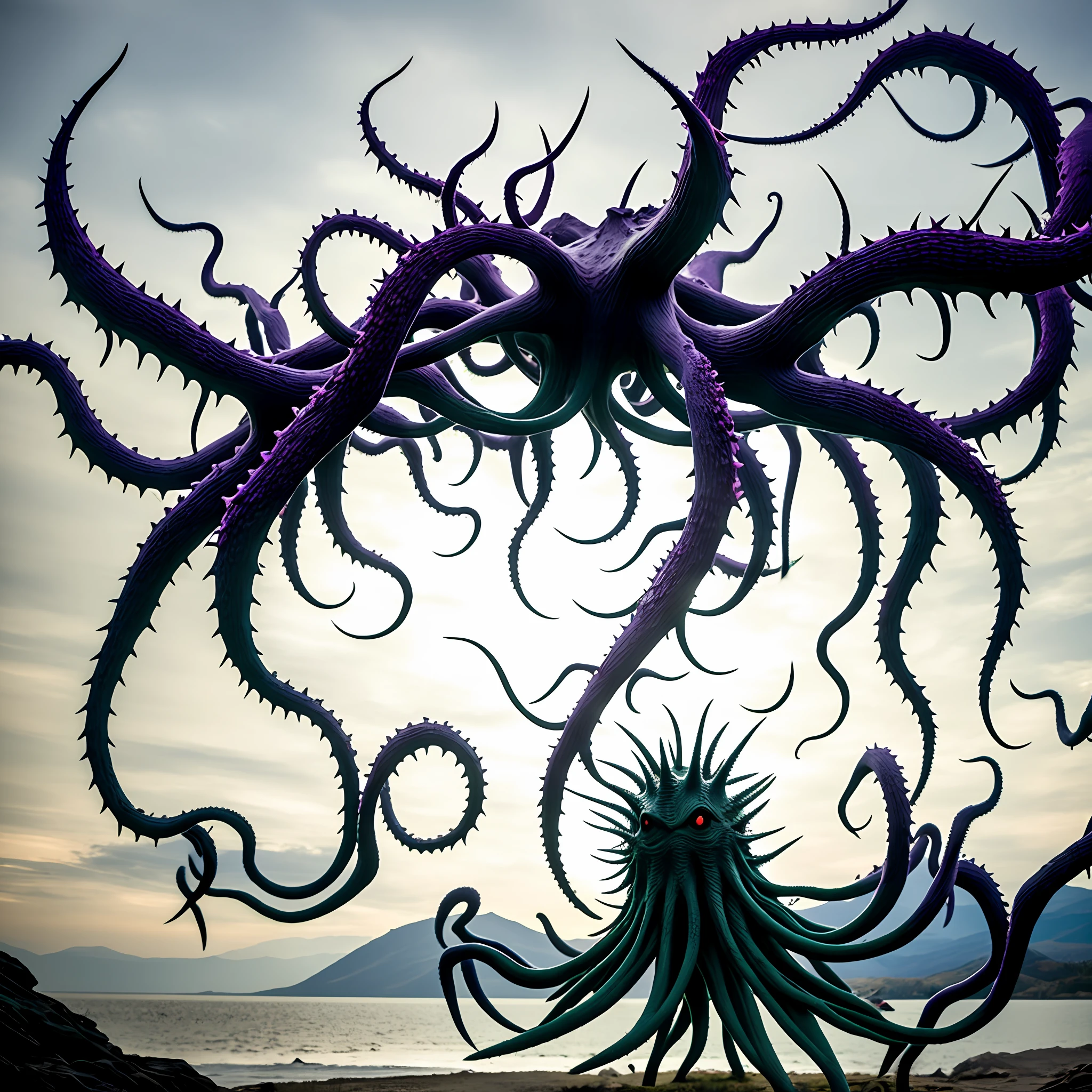 The monster appears to be comprised of a body made of interwoven thorny branches, body is no like human is like unregular ball, with a shape similar to an octopus. It has eight thin, thorny arms resembling tentacles, each ending in a sharp, on some arms are eyes
