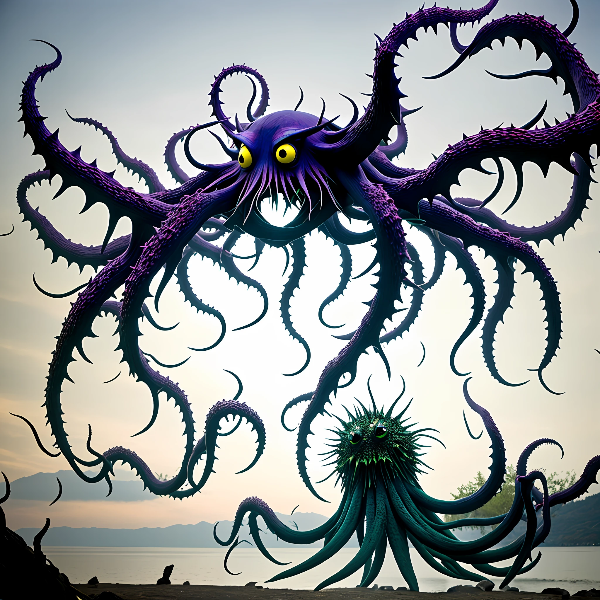 The monster appears to be comprised of a body made of interwoven thorny branches, body is no like human is like unregular ball, with a shape similar to an octopus. It has eight thin, thorny arms resembling tentacles, each ending in a sharp, on some arms are eyes