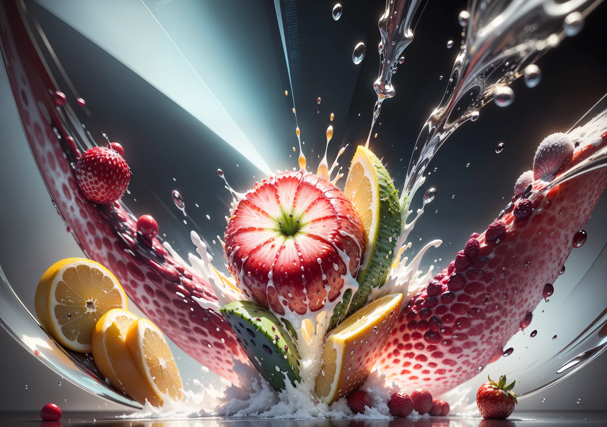 (extremely detailed and ultra-realistic), fruit blender, crisp sounds, great texture, a mix of various colorful fruits, bursting juice, slow-motion animation, close-up shot, studio lighting, vibrant colors, high contrast, dynamic camera angle, (fruit pieces exploding:1.2), (water drops splashing:1.1), (blender blades rotating:1.1). --auto --s2
