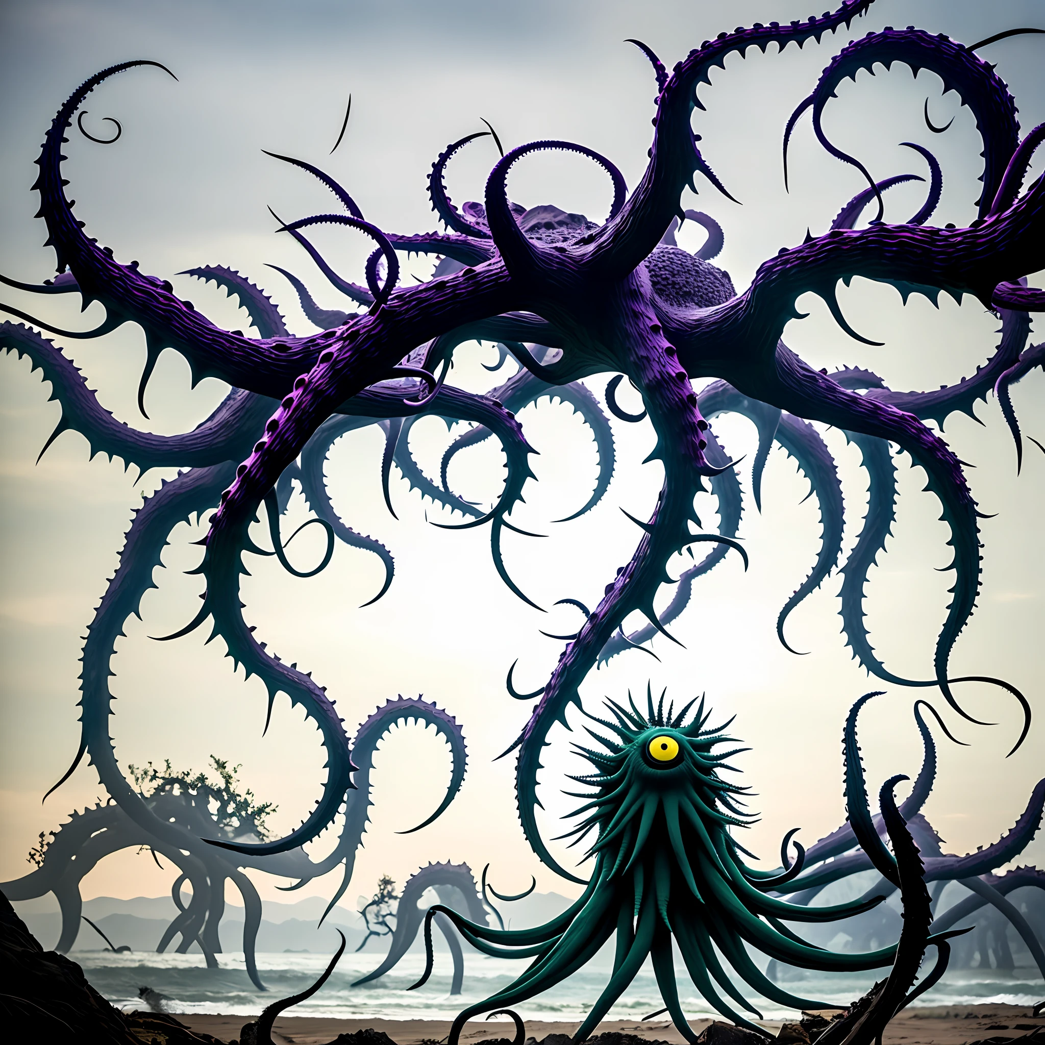 The monster appears to be comprised of a body made of interwoven thorny branches, body is no like human is like unregular ball, with a shape similar to an octopus. It has eight thin, thorny arms resembling tentacles, each ending in a sharp, on some arms are eyes