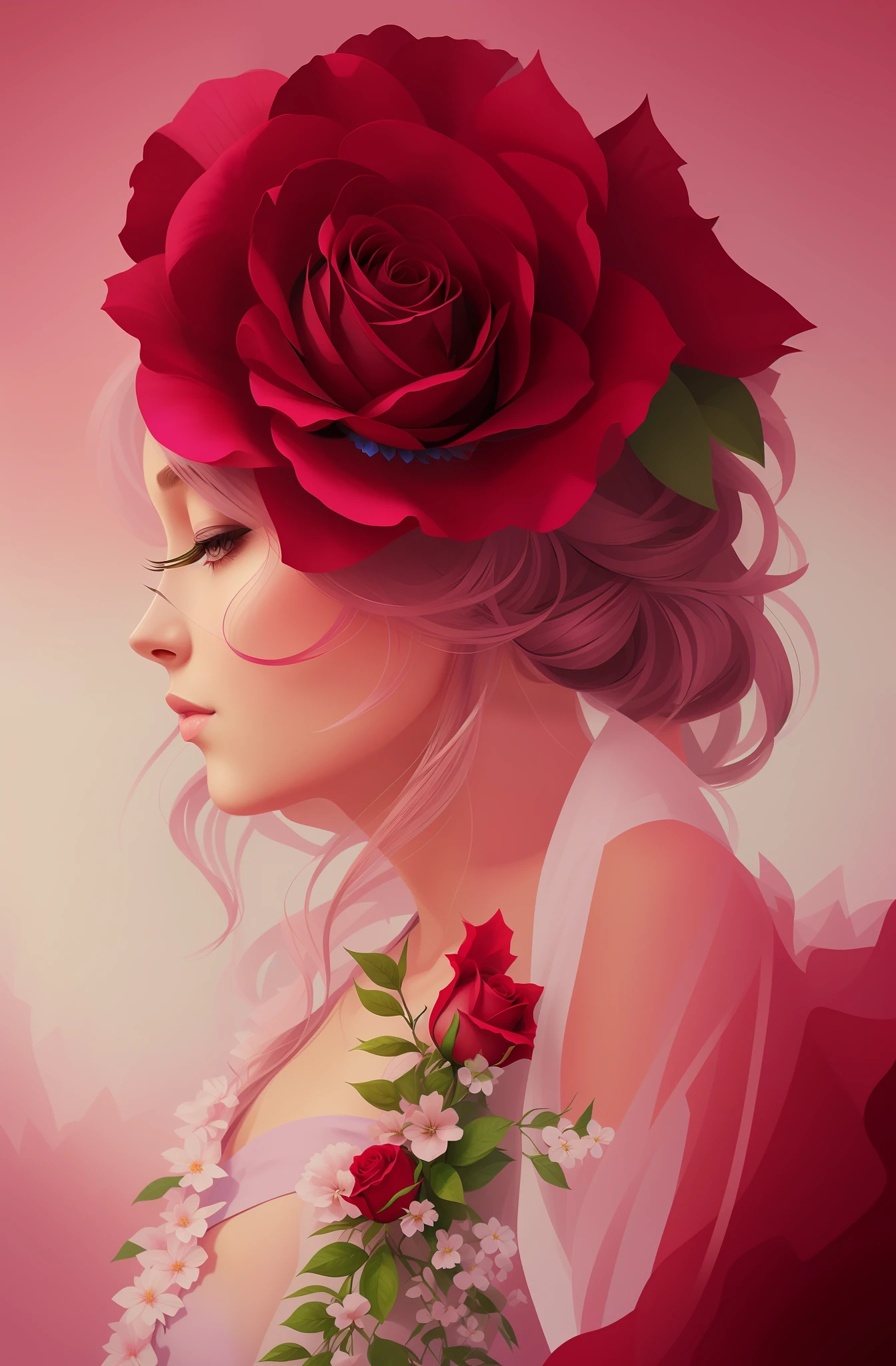 painting of a woman with a rose in her hair, in digital painting style, in digital illustration style, elegant digital painting, girl with a flower head, exquisite digital illustration, digital art painting, digital art painting, beautiful uhd 4k art, digital painting art, sensual digital painting, style in digital painting, Perky woman made of petals, ultra realistic