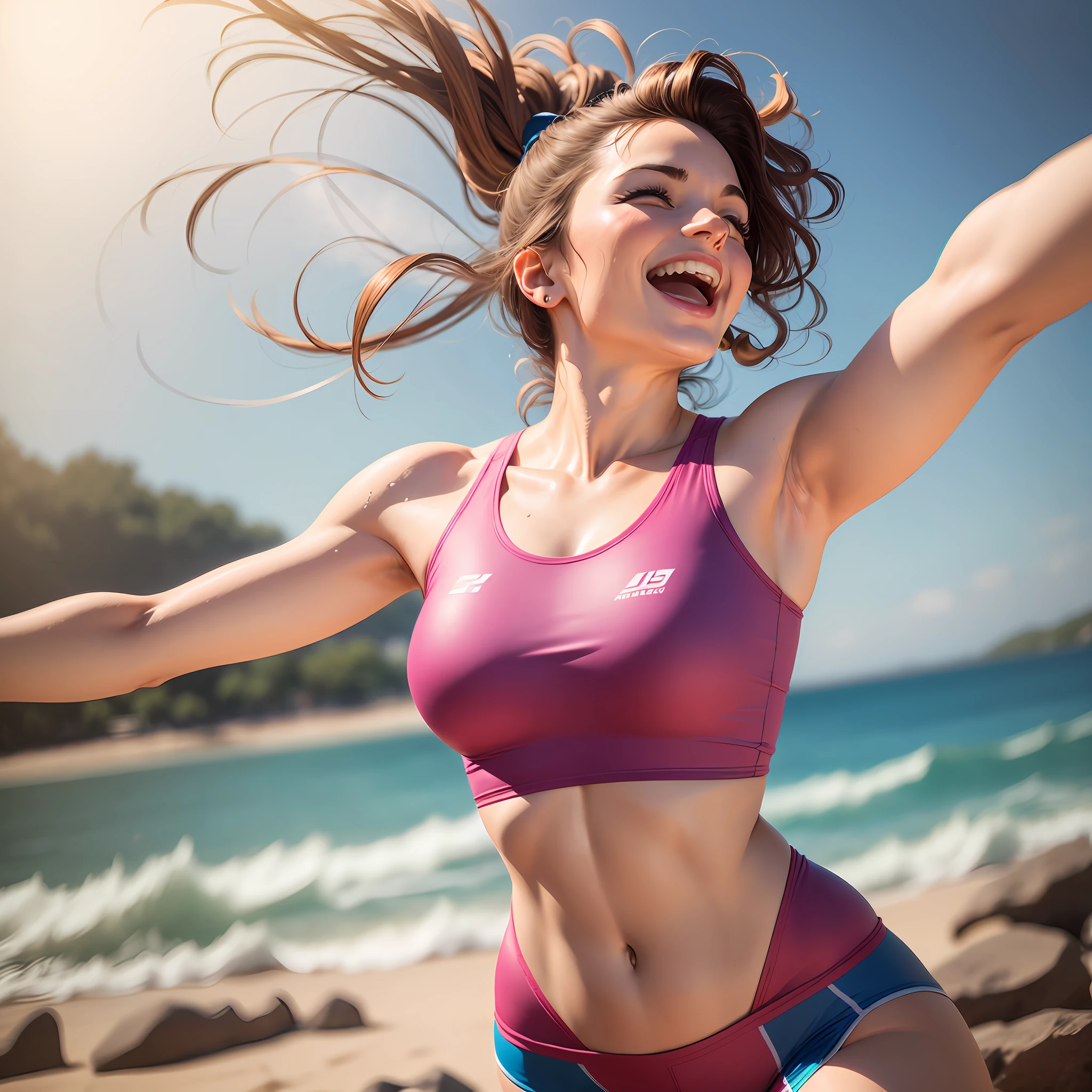 A woman having fun in a physical activity she loves, as dance, swimming or cycling, sentindo-se energizada e feliz. --auto --s2