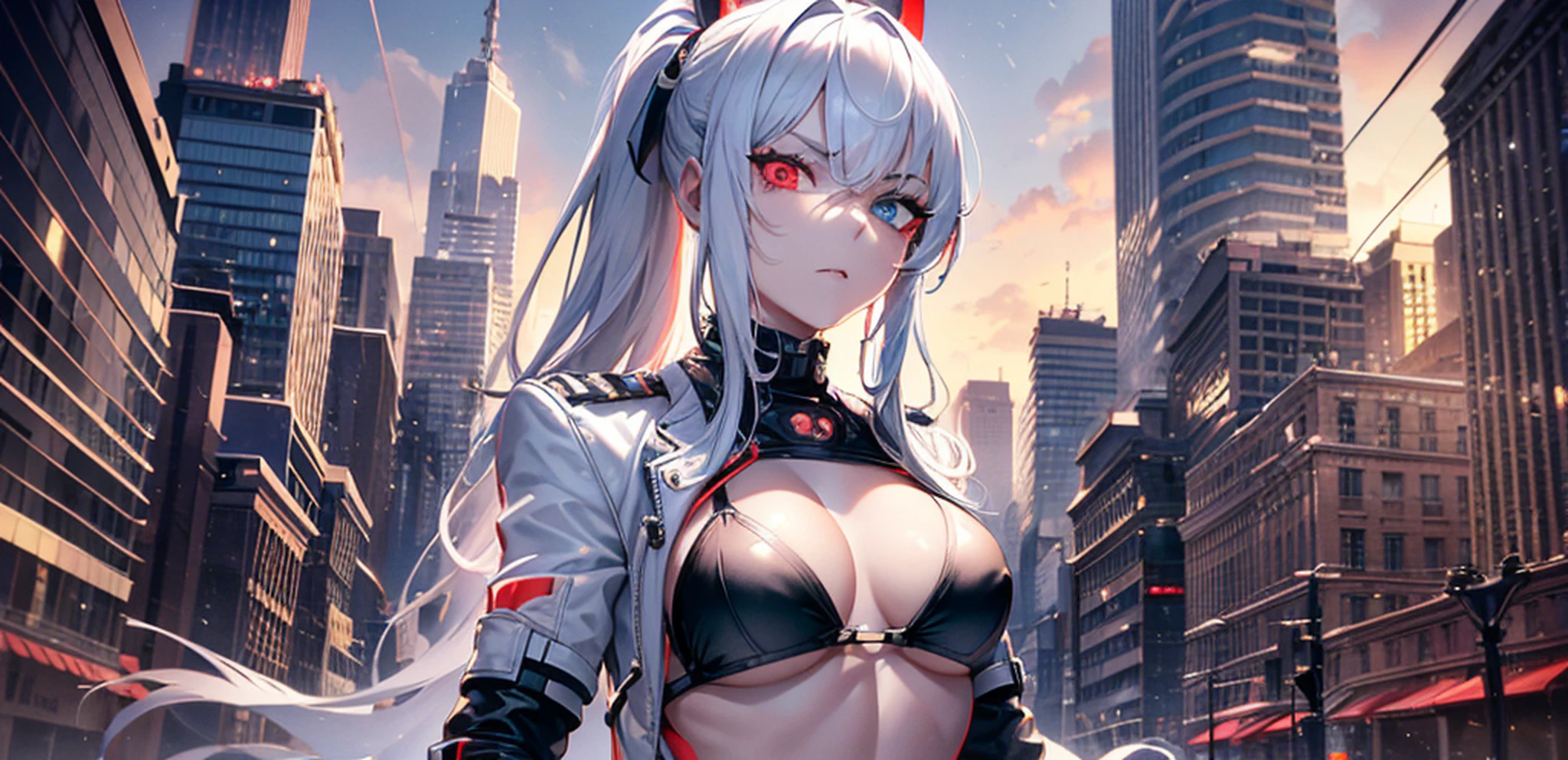 (burning city in the background:1.2), blurry background, looking forward full body, silver hair, long ponytail, white jacket open, black bikini, visible abdomen, photo from the waist up, volumetric lighting, white jacket, red katana on the back, multicolored eyes, (blue and red heterochromia1.4), detailed eyes, hyper detailed, serious face, slightly irritated, highly detailed,  beautiful, small details, ultra detailed, best quality, intricate, hyper-realism, sharp, digital illustration, detailed, realism, intricate, 4k, 8k, trends in the arts station, good anatomy, beautiful lighting, award-winning, photorealistic, realistic shadows, realistic lighting, beautiful lighting, raytracing, intricate details, grumpy, rule of thirds, masterpiece, (illustration: 1.1), high resolution, (extremely detailed CG, unit, wallpaper 8k: 1.1), beautiful face,  highly detailed face, ultra realistic, masterpiece, bokeh, extremely detailed, intricate, abdomen, small breasts, thin, colorful, vibrant colors, front view, small breasts, abdomen