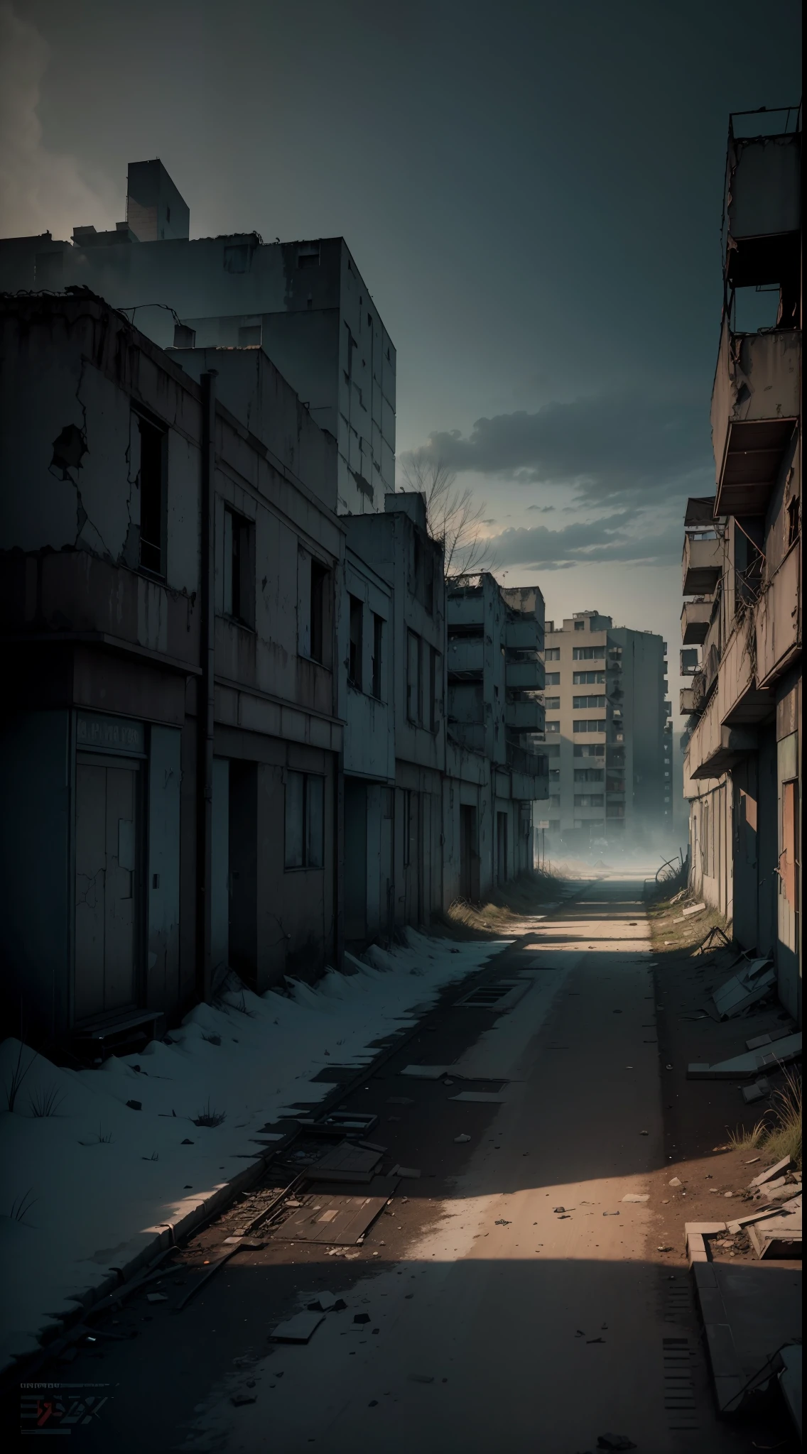 Generate a high-resolution (8K) cinematic image depicting the abandoned city of Pripyat in Chernobyl. Create a visually impactful composition, capturing the exciting and mysterious atmosphere of the ghost town. Use cool color tones to convey the feeling of desolation, and use games of light and shadow to highlight the details of empty buildings and streets.
