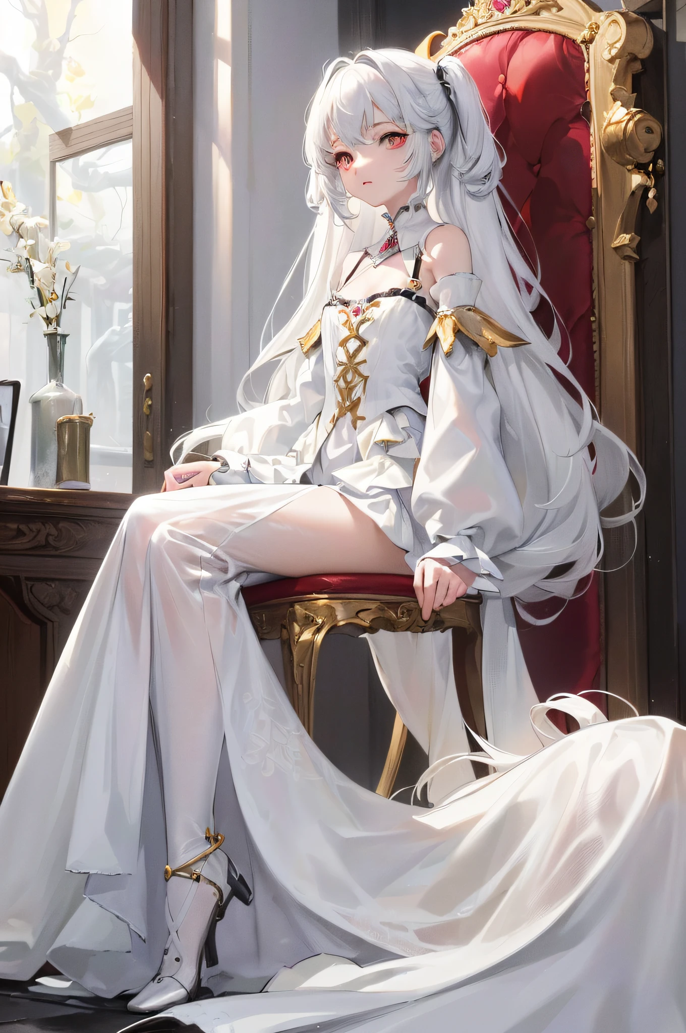 The best masterpiece of a girl's fair hair (and her petite body), the best picture quality, 1girls (i.e. independent elements) (in standard format), excellent CG technology. (This is a masterpiece consisting of a pure white-haired and petite girl with the best visual quality and excellent CG techniques.), red eye, sitting,