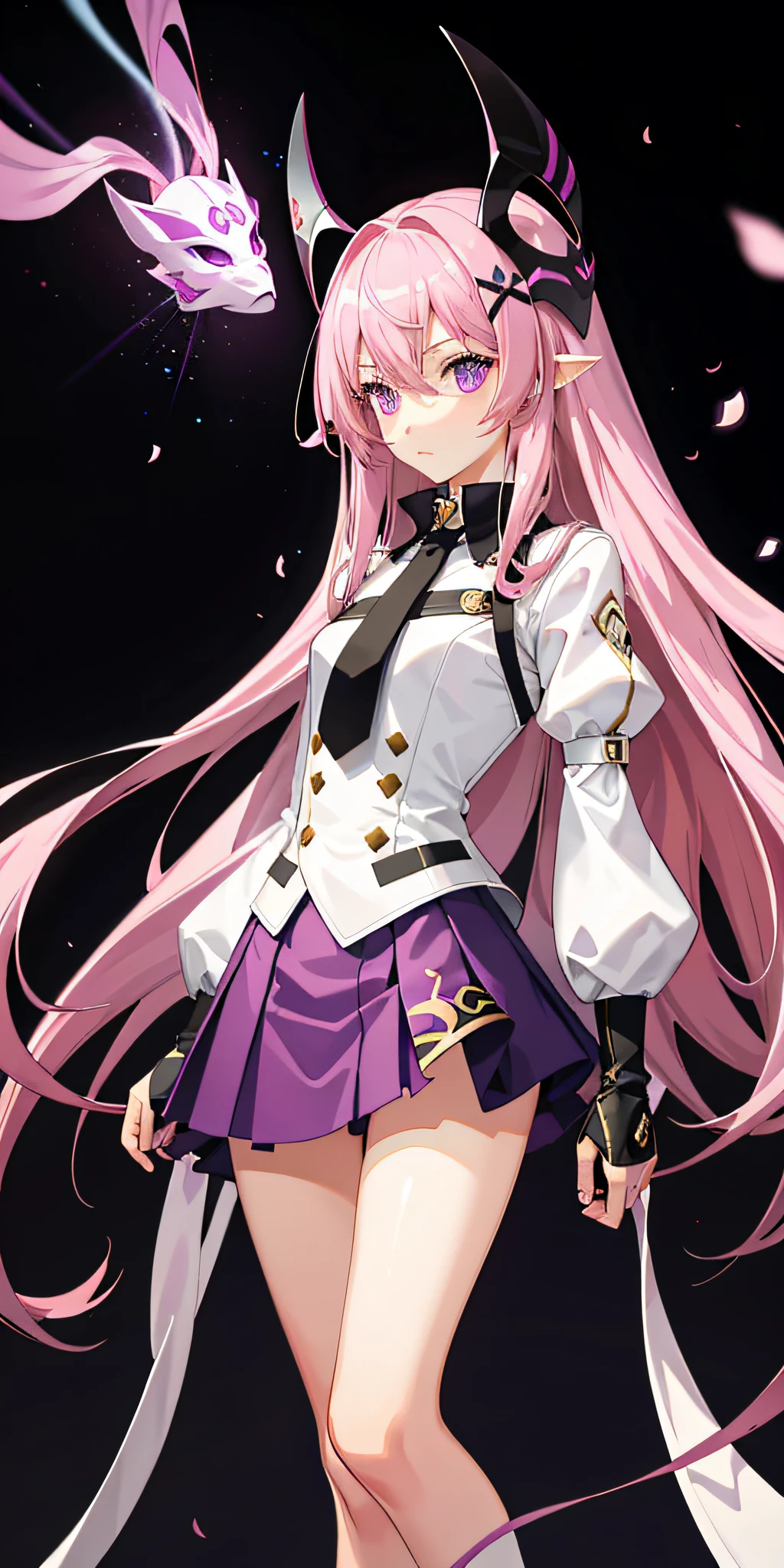 1girl, pink hair, long hair, purple eyes, mask on head, side light, light particles, wallpaper, short skirt, sexy, white stockings, long legs, royal sister, seduction