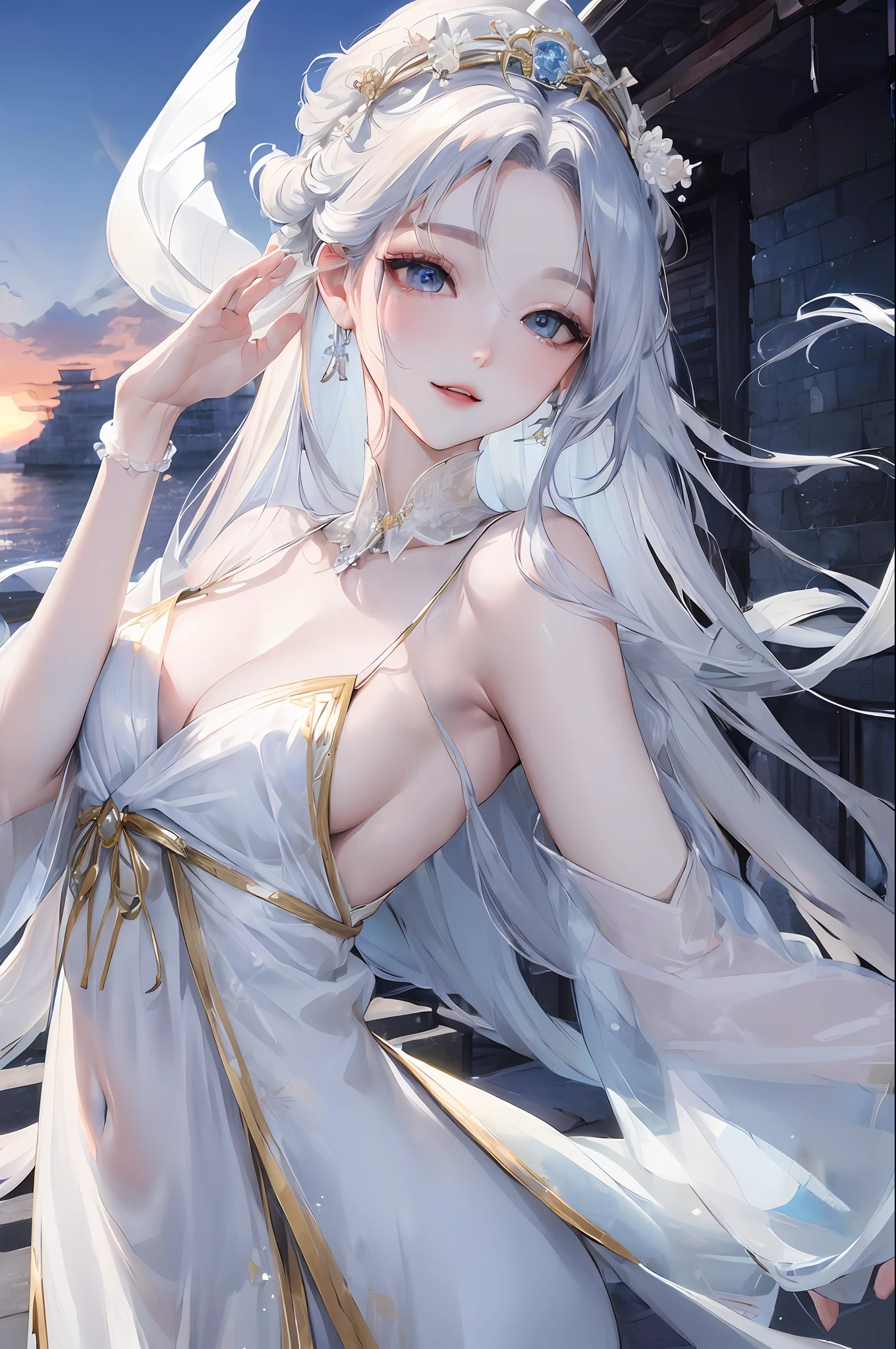Official Art, Masterpiece, Sharp Focus, (Beautiful Gorgeous Cute Korean Woman:1.3), (Beautiful Cute Korean Woman:1.3), Delicate and Beautiful Hair and Eyes and Face, Realistic, Very Detailed, Beautiful Girl, Blue Sky, Sunset White Particles, (Side Lighting:1.2), Sun Light, White Clouds, Delicate Clouds, Thin, Toothy Smile, ((Smile with eyes, open eyes)), Landscape, Long straight hair, Sexy look, Building, (Sikyung:1.7), Dynamic hair, detailed platinum silver hair, shining blue eyes, white mermaid dress, pale skin, gold laurel headdress, majestic temple scenery, unexposed, sacred atmosphere