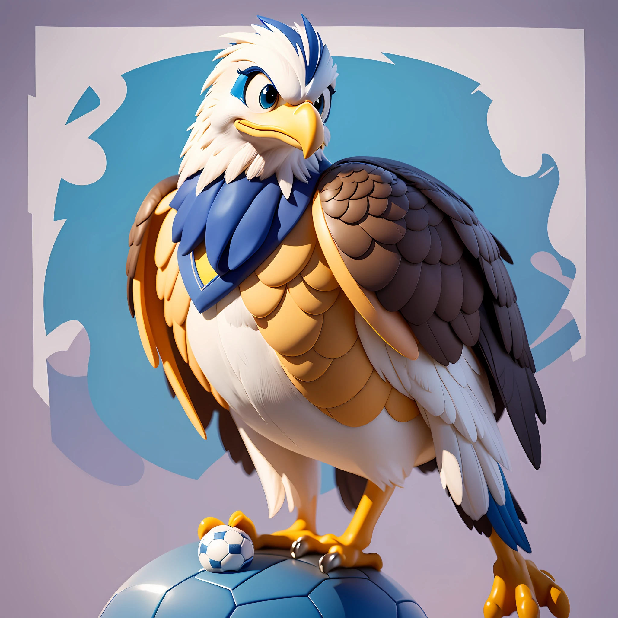 Create a mascot that is a stylized eagle, inspired by Disney characters such as Mickey and Donald Duck, and also inspired by the Looney Toones. The mascot is smiling and looking at the screen, and the background is white. The style is of a cartoon, typical of the twentieth century. he wears blue and yellow clothes, and has an excellent anatomy, including hands. It's a friendly eagle, and it has a soccer ball next to it and it, black and white. --auto --s2