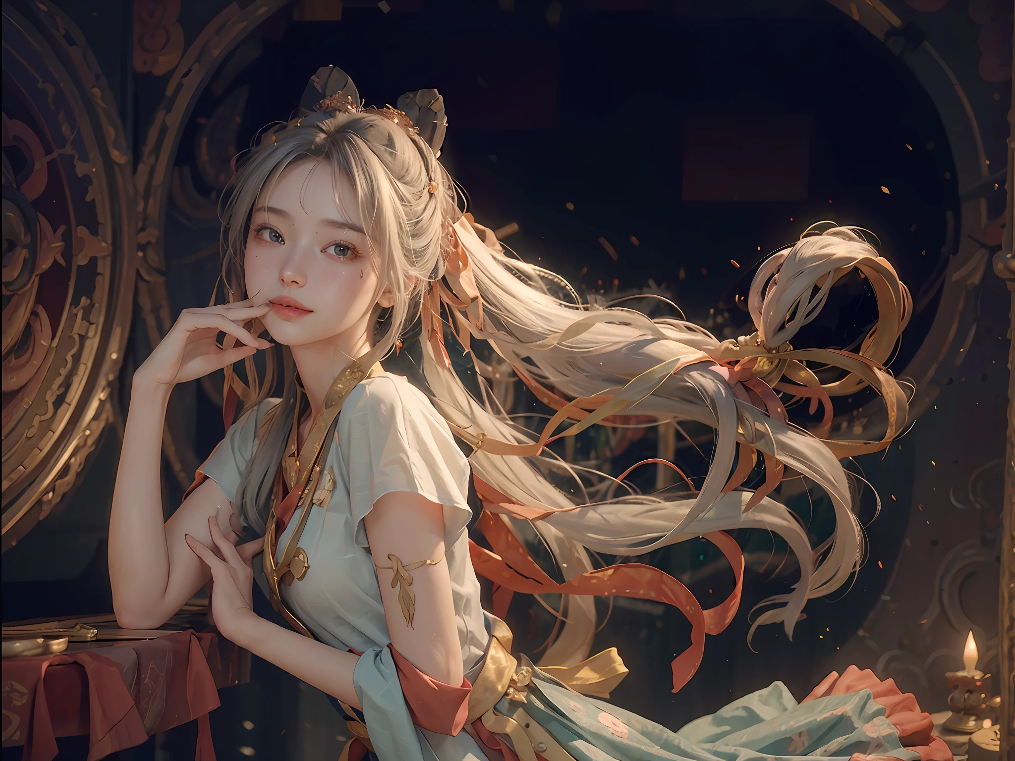 (RAW Photo, Best Quality), (Realistic, Photorealistic Real: 1.3), Best Quality, Highly Detailed, Masterpiece, Ultra Detailed, Illustration, 1 Girl, upper_body, Dynamic Angle, World Mastery Theater, messy_long_hair, Best Quality, Extremely Detailed CG Uniform 8k Wallpaper, Ink, Amazing, Sexy, Peach Blossom Eyes, Gray Hair, Smile, Movie Lights, lens_flare, dunhuang_style