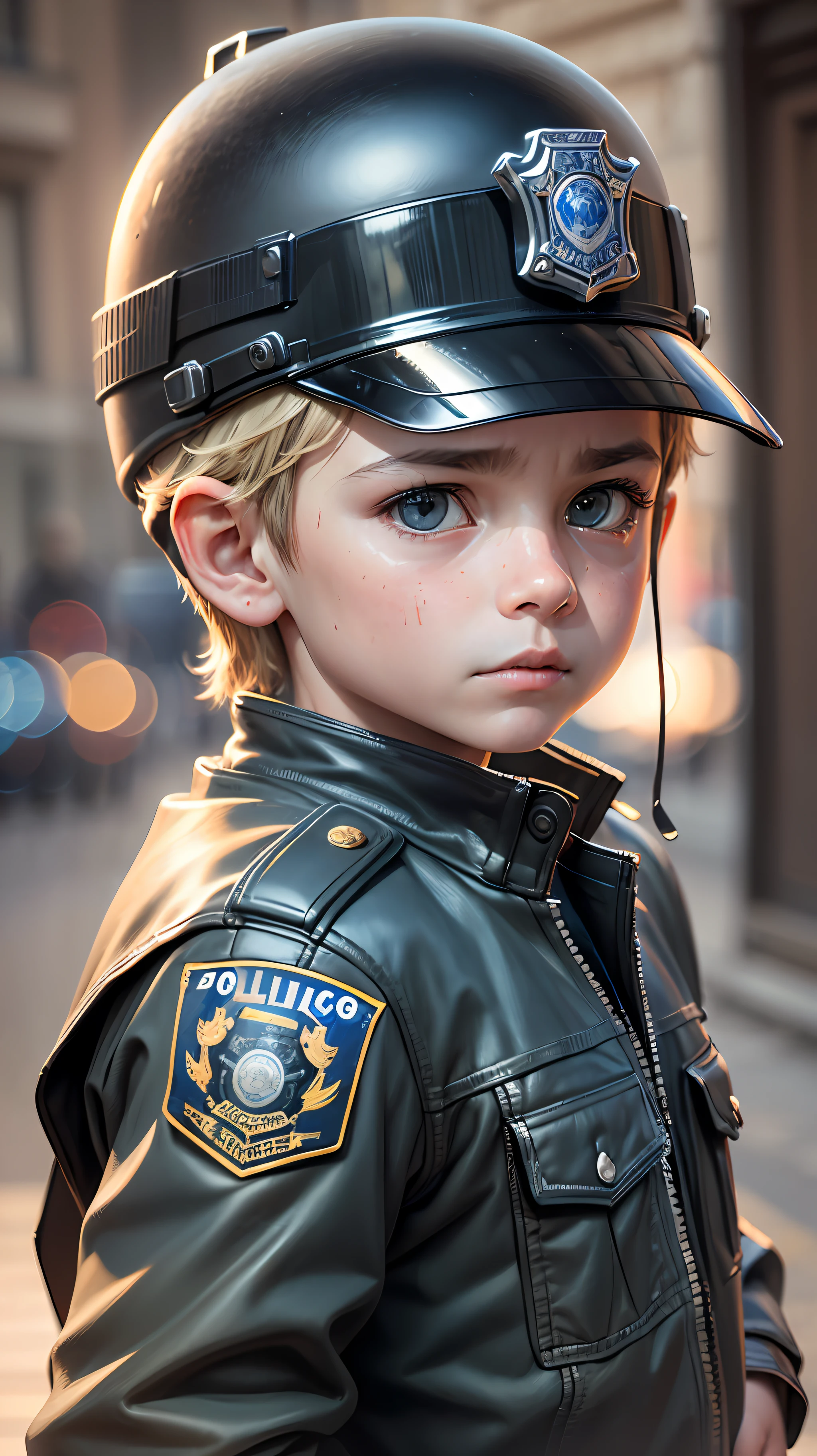 (a cinematic scene, ultra-detailed, extremely detailed, best quality, HD, wide shot, realism, natural colors, boy,  8, in police uniform, solemn and detailed facial features, motorcycle, best illumination)