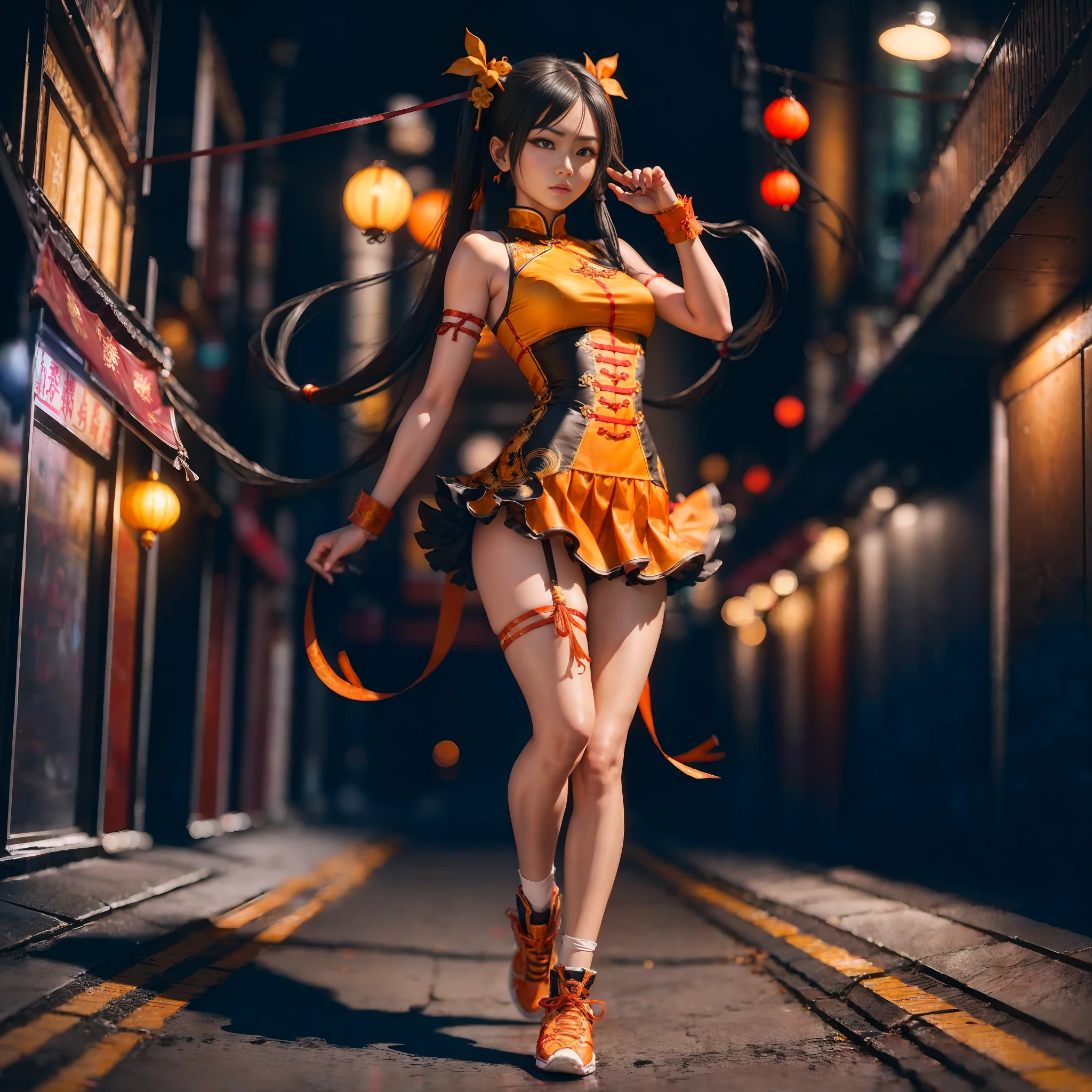 A Ling Xiaoyu from The Tekken 4, Masterpiece, Ultra Hyperrealistic, Full body, (( Black Long Twintailed hair with 2 violer Ribbons)), Very detailed Orange long frily Chinese Dress, White Shorts, Orange Dancer shoes, ((One Black Glove on the Left hand)), ((A black Band on the left Wrist)), Ling Xiaoyu clothes decorations, Perfect body, Perfect Face, Perfect Eyes, Perfect hands, Perfect Fingers At a Chinese Street, Bioluminincense, HD