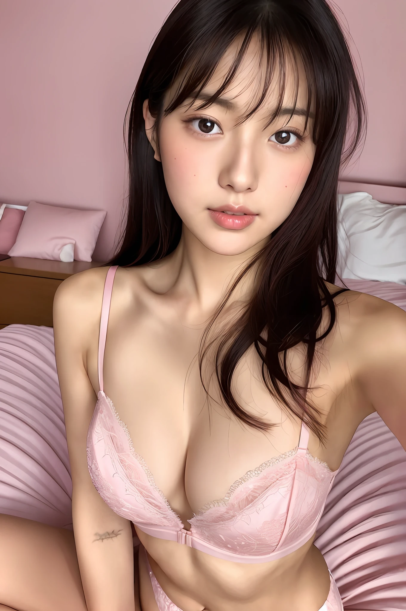Close up portrait of woman sitting on bed in pink bra, Japan model, young sensual gravure idol, young cute gravure idol, realistic young gravure idol, realistic sensual gravure idol, young gravure idol, sophisticated gravure idol, Yoshitomo Nara, young skinny gravure idol, beautiful asian girl,