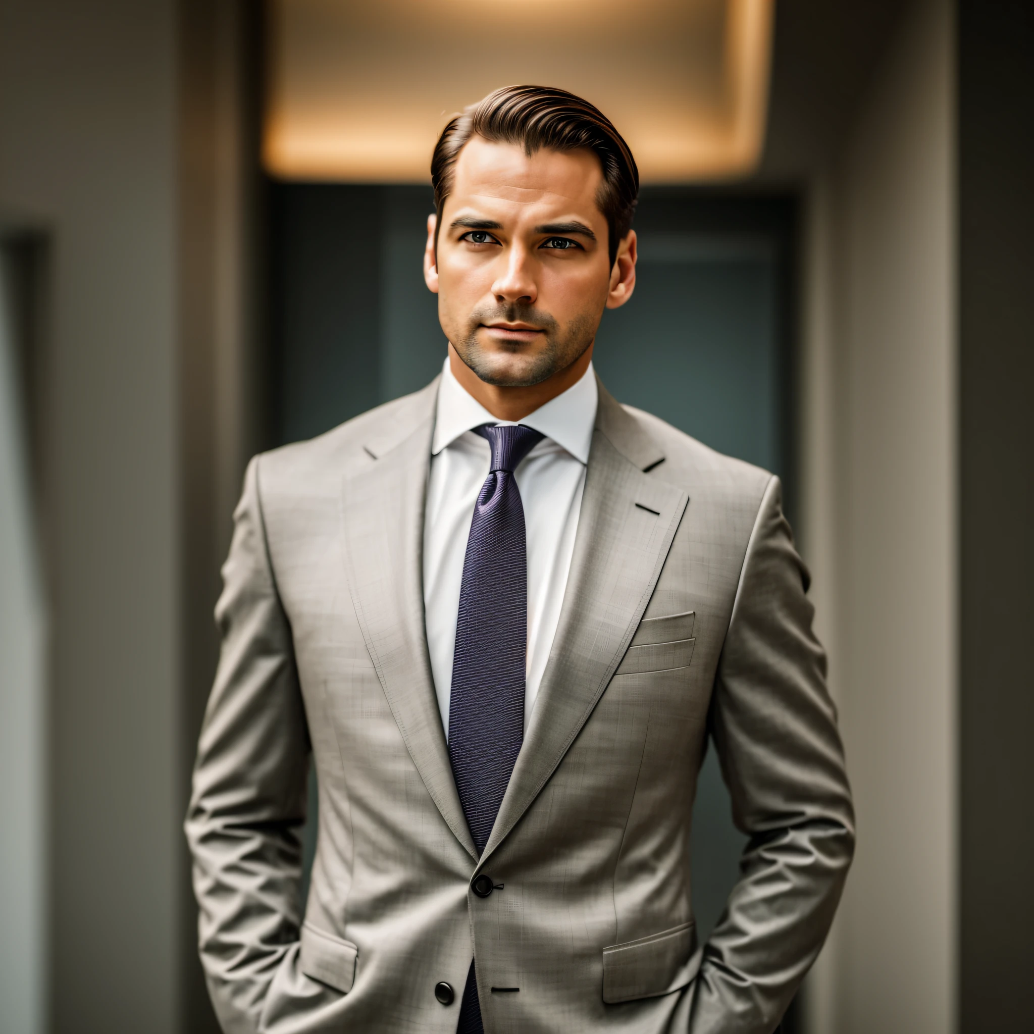 a Man standing with 30 years in suit and tie, body and head straight in the photo, DSRL, facing the viewer of the photo, eyes fixed to the lens, appears shoulders and head in the photo, man centered in the photo, 8k, best quality, masterpiece, realistic, realistic photo, movie photo, ultra realistic, 1 person, detailed, Perfect lighting, DSRL, professional photo, 4k