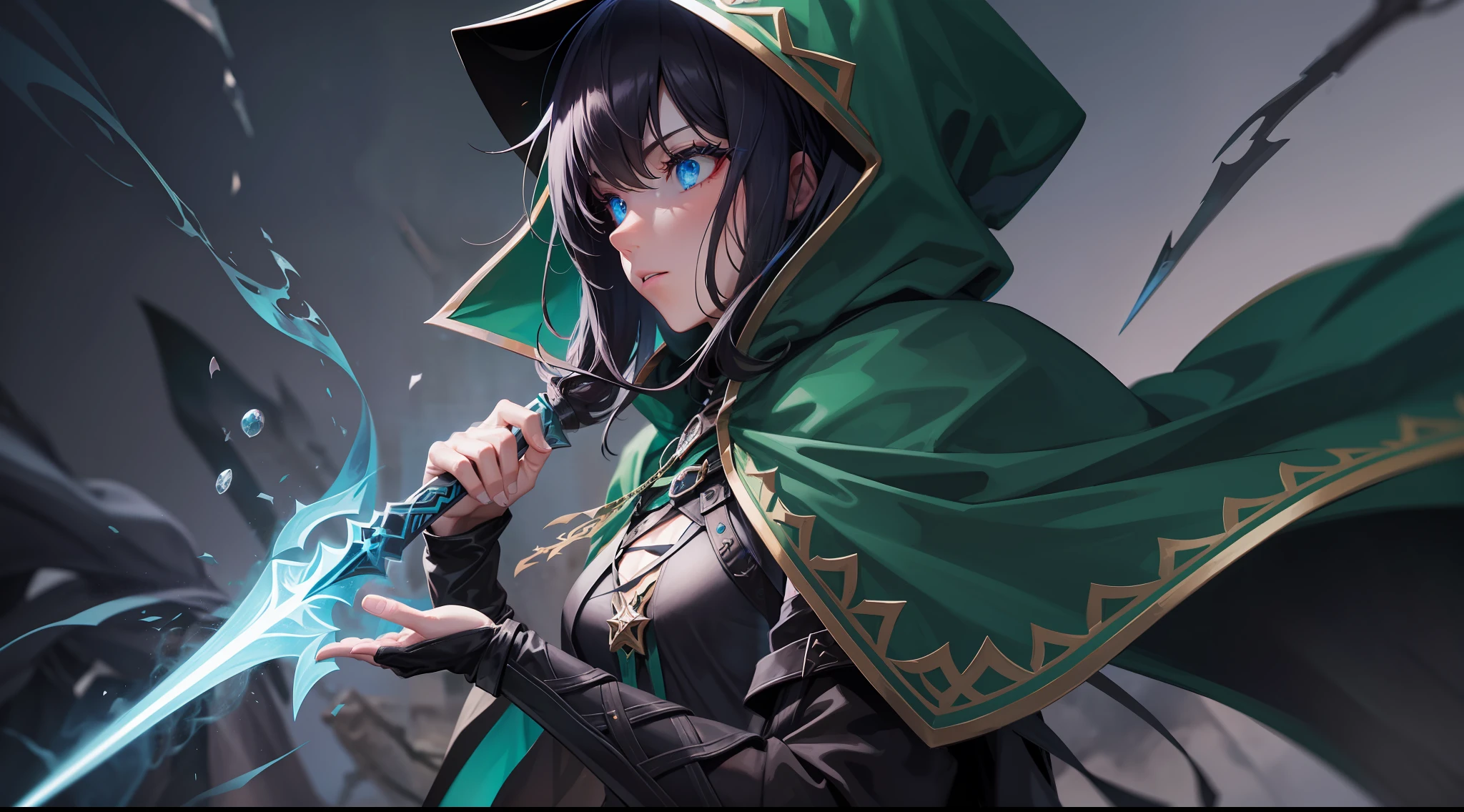 dark sorceress wizard cloak with black hood black hair blue eyes, warrior red hair big sword, rogue light green hooded armor, magic, fantasy, medieval, night, glow