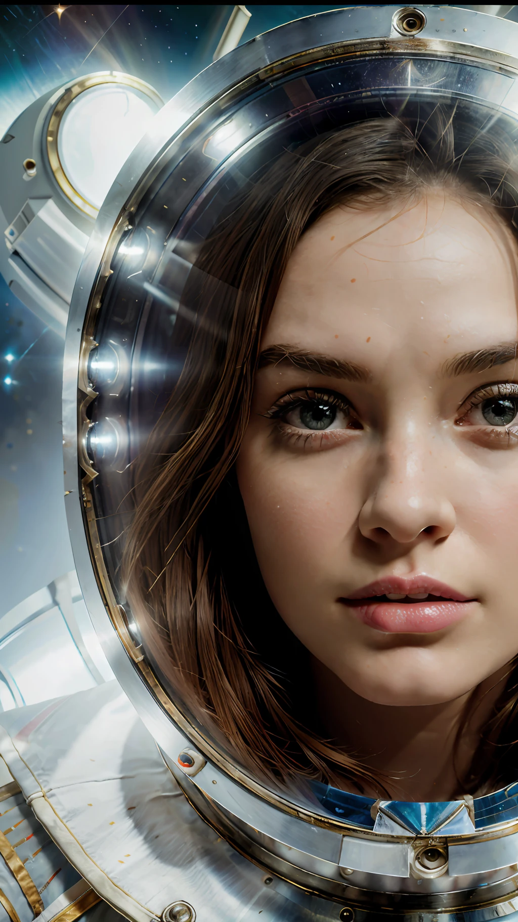 absurd res, high res, (masterpiece:1.4), ultra-detailed, 1girl goddess, beautiful face, perfect from above, space, floating, cosmonaut girl