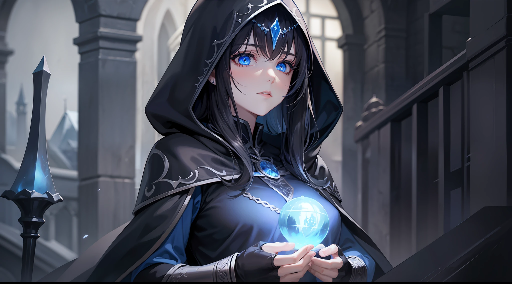woman, dark sorceress, black cloak, blue hood, black hair, blue eyes, magic, fantasy, medieval, dungeon, night, glow