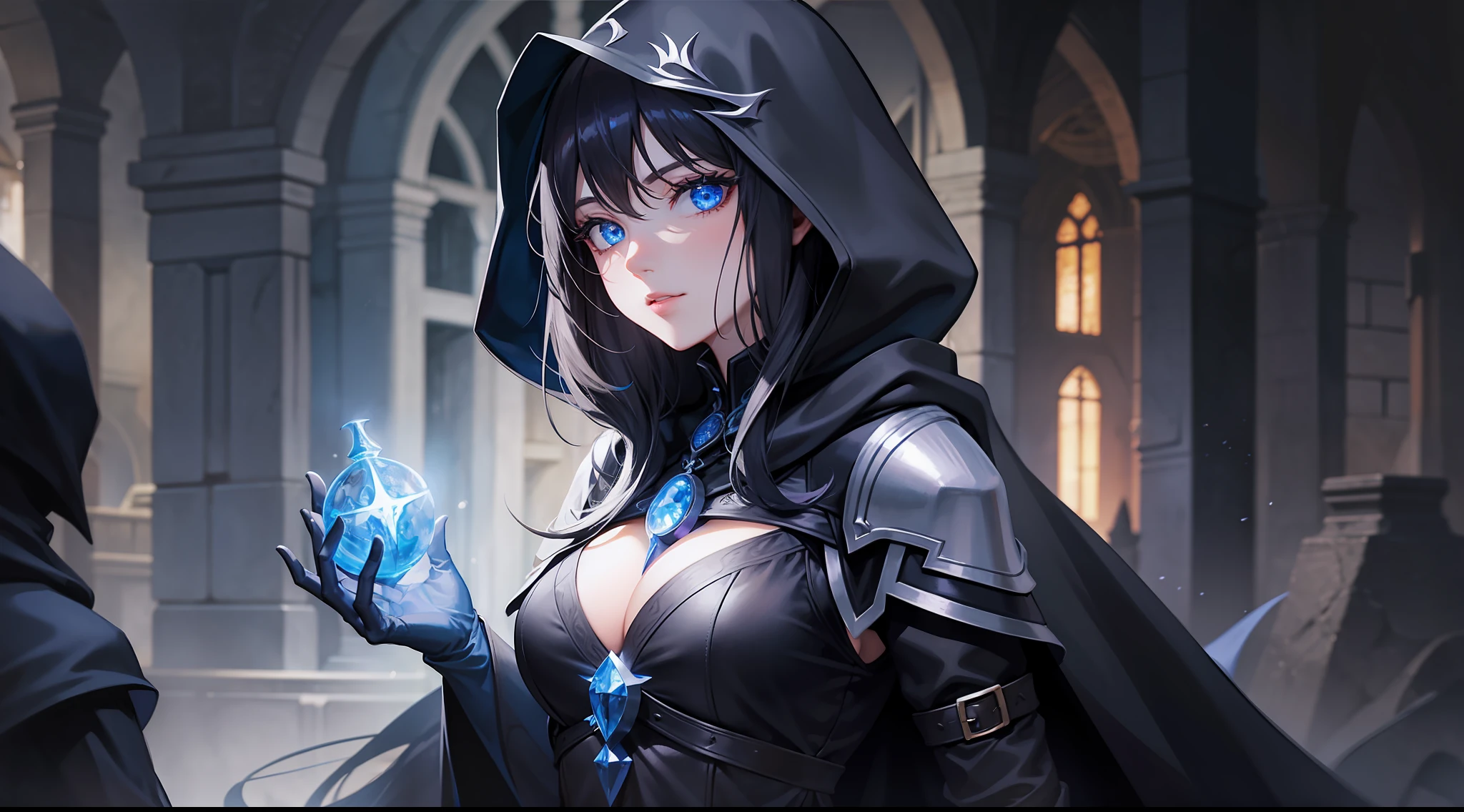 woman, dark sorceress, black cloak, blue hood, black hair, blue eyes, magic, fantasy, medieval, dungeon, night, glow