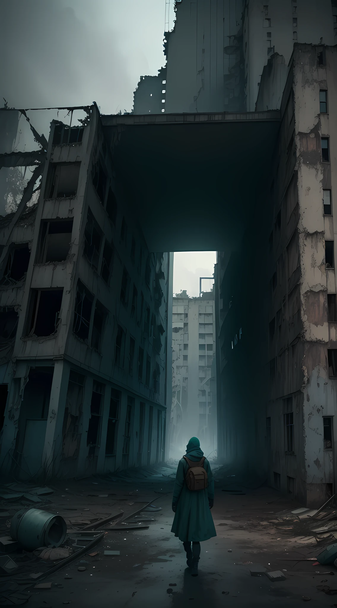 Create a cinematic visual composition in 9:16 format that represents the abandoned city of Pripyat in Chernobyl. Highlight a ruined power plant and add human figures using chemical masks as the protagonists of the scene. Use a blue or green filter to intensify the feeling of toxicity and imminent danger