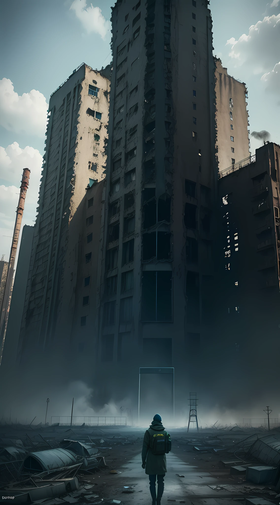 Create a cinematic visual composition in 9:16 format that represents the abandoned city of Pripyat in Chernobyl. Highlight a ruined power plant and add human figures using chemical masks as the protagonists of the scene. Use a blue or green filter to intensify the feeling of toxicity and imminent danger