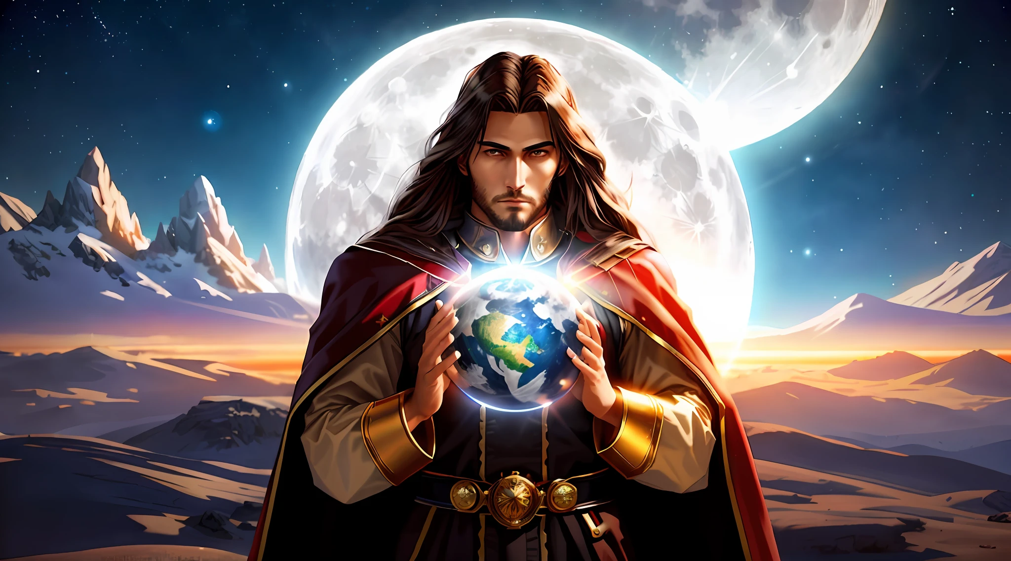 A man in a cape holding a globe in front of a full moon, Jesus Christ in mass effect, the Creator of the Earth, the God Emperor of mankind, Ruler of the world, King of Kings, Creation of the World, Jesus Christ, Emperor of the known universe, Portrait of the Emperor of Mankind, Second Coming, Jesus Christ going super Saiyan,  Young Almighty God