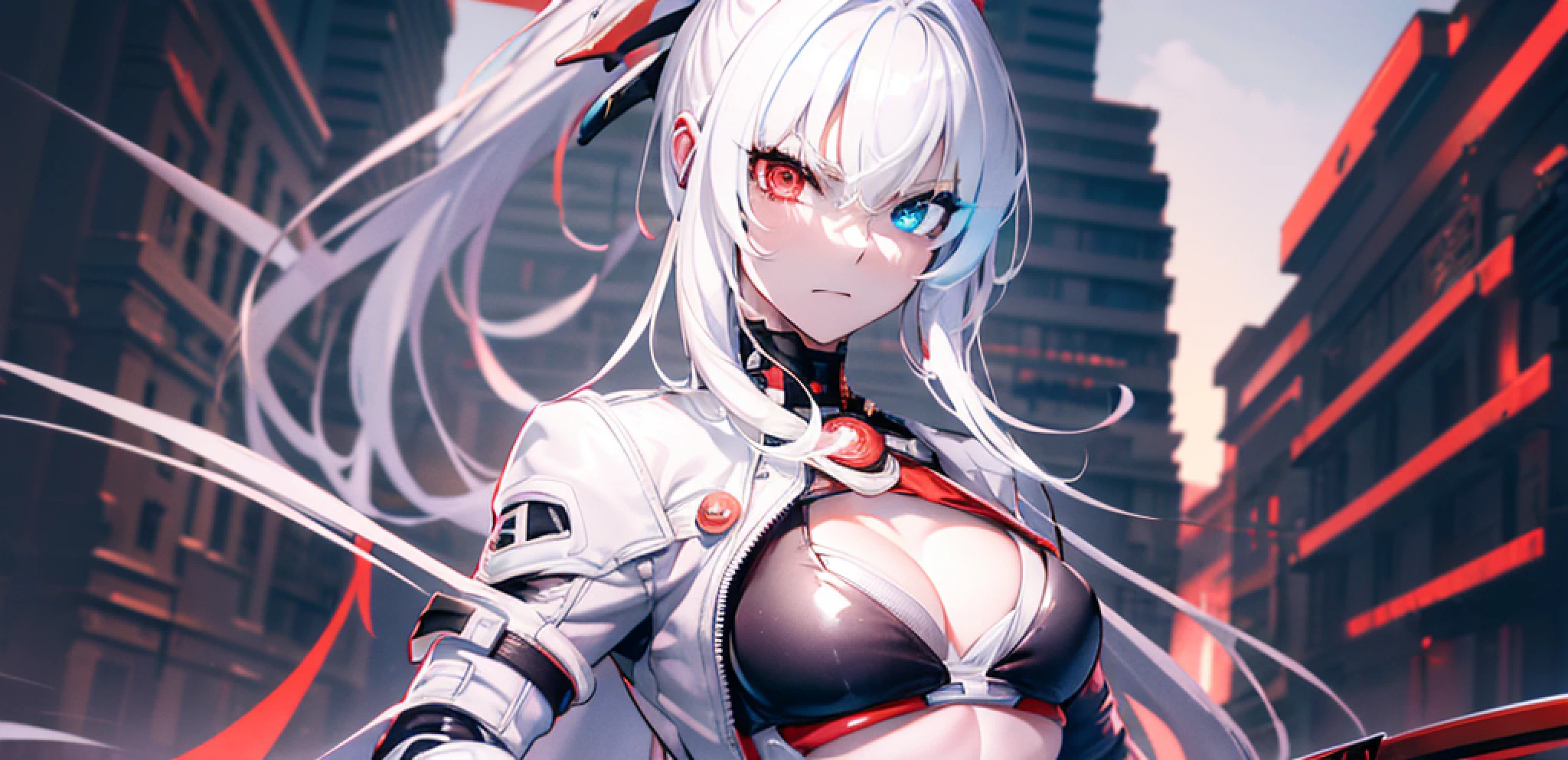 (burning city in the background:1.2), blurry background, looking forward full body, silver hair, long ponytail, white jacket open, black bikini, visible abdomen, photo from the waist up, volumetric lighting, white jacket, red katana on the back, multicolored eyes, (blue and red heterochromia1.4), detailed eyes, hyper detailed, serious face, slightly irritated, highly detailed,  beautiful, small details, ultra detailed, best quality, intricate, hyper-realism, sharp, digital illustration, detailed, realism, intricate, 4k, 8k, trends in the arts station, good anatomy, beautiful lighting, award-winning, photorealistic, realistic shadows, realistic lighting, beautiful lighting, raytracing, intricate details, grumpy, rule of thirds, masterpiece, (illustration: 1.1), high resolution, (extremely detailed CG, unit, wallpaper 8k: 1.1), beautiful face,  highly detailed face, ultra realistic, masterpiece, bokeh, extremely detailed, intricate, abdomen, small breasts, thin, colorful, vibrant colors, front view, small breasts, abdomen