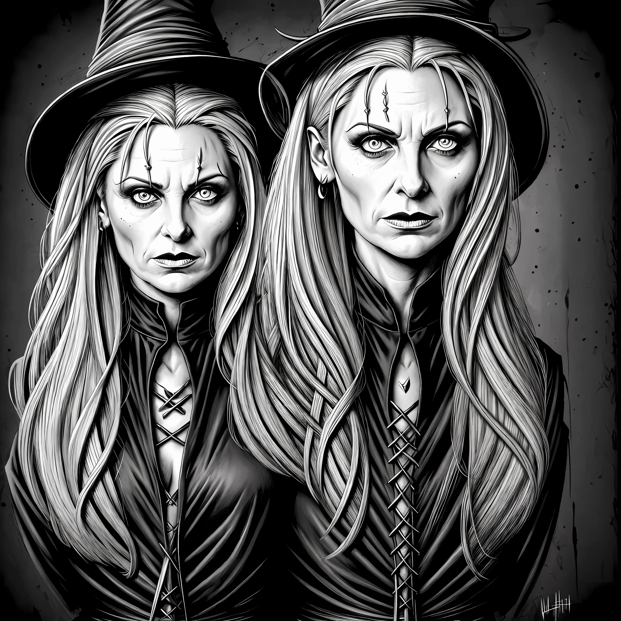 As a talented artist, you were commissioned to create an illustration of an evil witch in realistic drawing format. The witch must convey a sense of evil, power, and mystery. She must have striking features, such as a piercing gaze, a prominent nose, shaggy hair, and a sinister expression. Her dress should be dark and detailed, with elements that reflect the dark magic she masters. Remember that the goal is to create an image that conveys the classic archetype of an evil witch, but with a realistic and contemporary touch. Unleash your imagination and show your artistic skills in the representation of this iconic character.