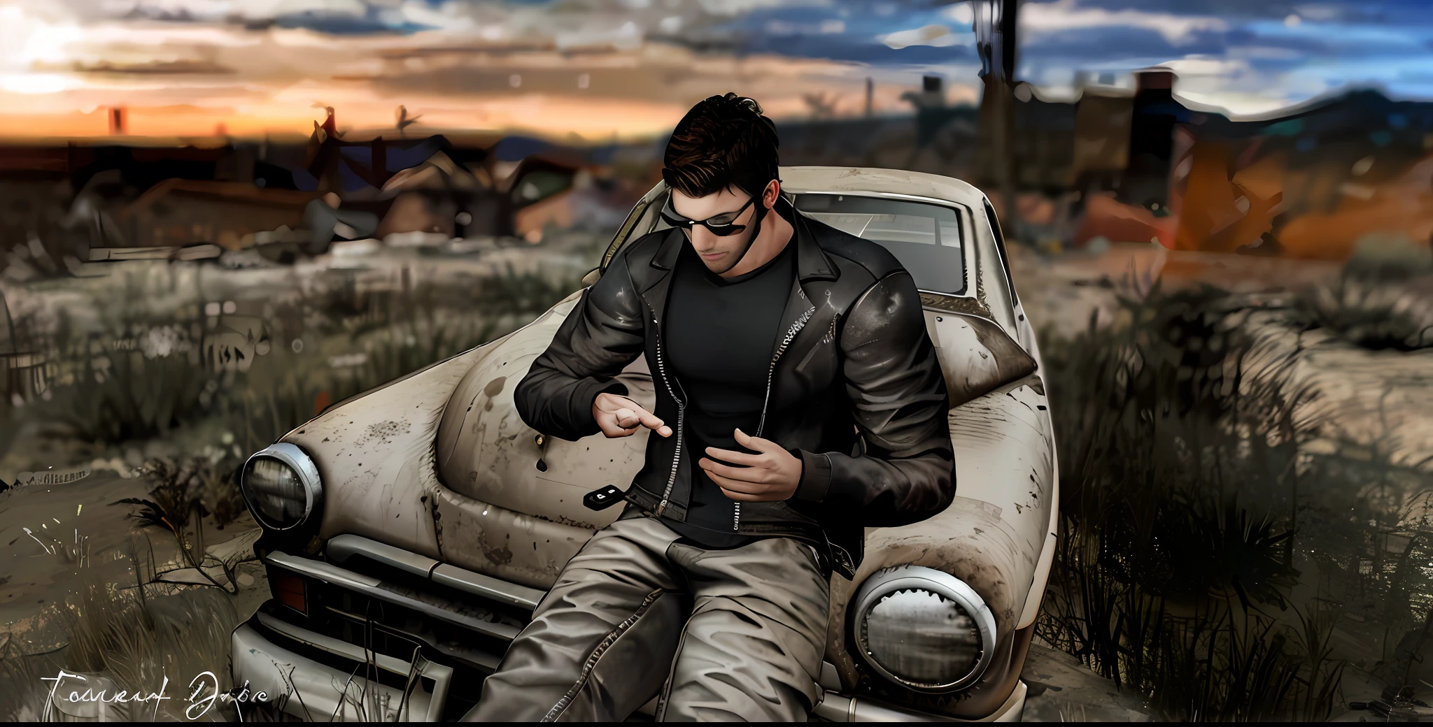 There's a man sitting in the back of a car in a field, in a post-apocalyptic, New Vegas-style wilderness,