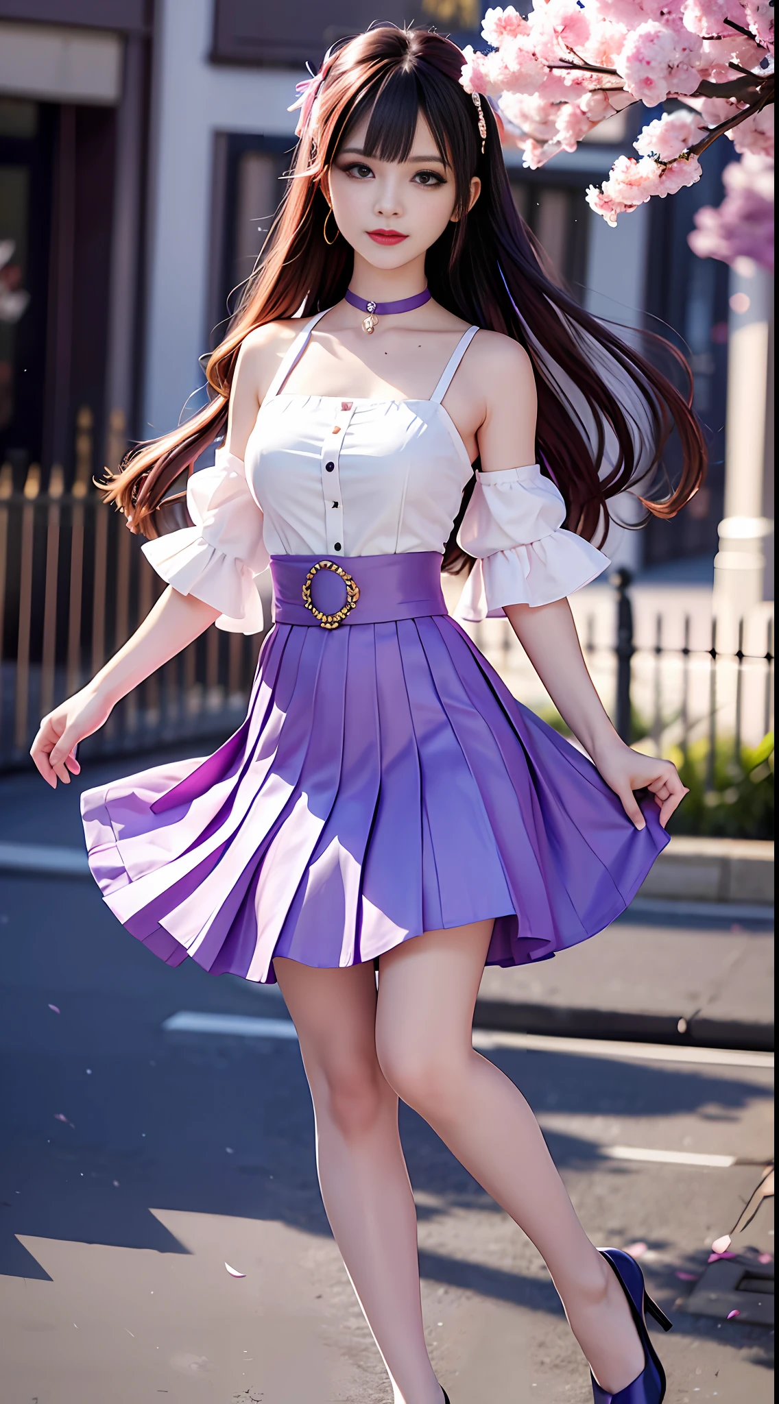 Masterpiece, Superb Piece, Full Body, 1girl, bangs, purple choker, purple tie, purple long hair, purple skirt, blush, bracelet, choker, waist dress, collarbone, collared shirt, denim photos, dress shirt, ear piercing, eyebrows visible through hair, gradient hair, grin, gyaru, jewelry, kogal, long hair, look at the audience, loose tie, tie, piercing, pleated skirt, red eyes, ring, school uniform, shirt, skirt, smile, solo, white shirt, street, sky, cherry blossoms, petals, illustration, (magazine: 1.3), (cover style: 1.3), fashion, woman, vibrant, dress, pose, front, colorful, dynamic, background, element, confident, expressive, holding, statement, attachment, majestic, coiled, around, touch, scene, text, cover, bold, eye-catching, le, fashion, font, catchy, tit bigger, eye-catching, modern, fashionable, focused, fashionable, full-body, full-body photo