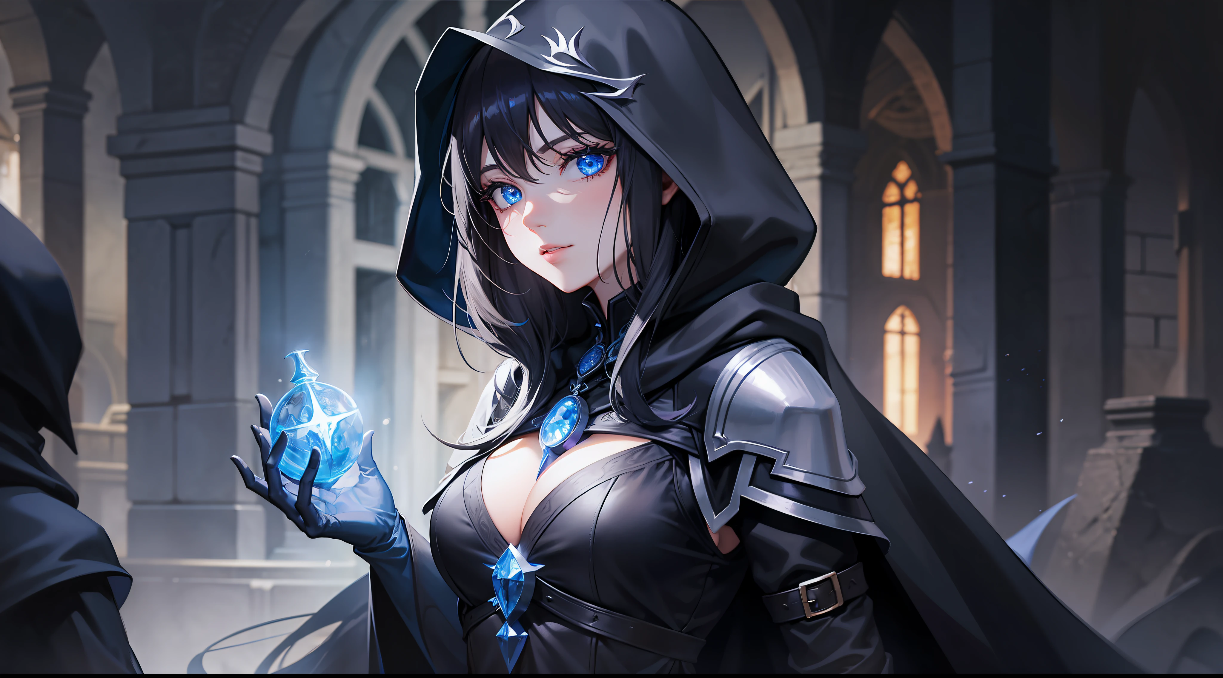 woman, dark sorceress, black cloak, blue hood, black hair, blue eyes, magic, fantasy, medieval, dungeon, night, glow