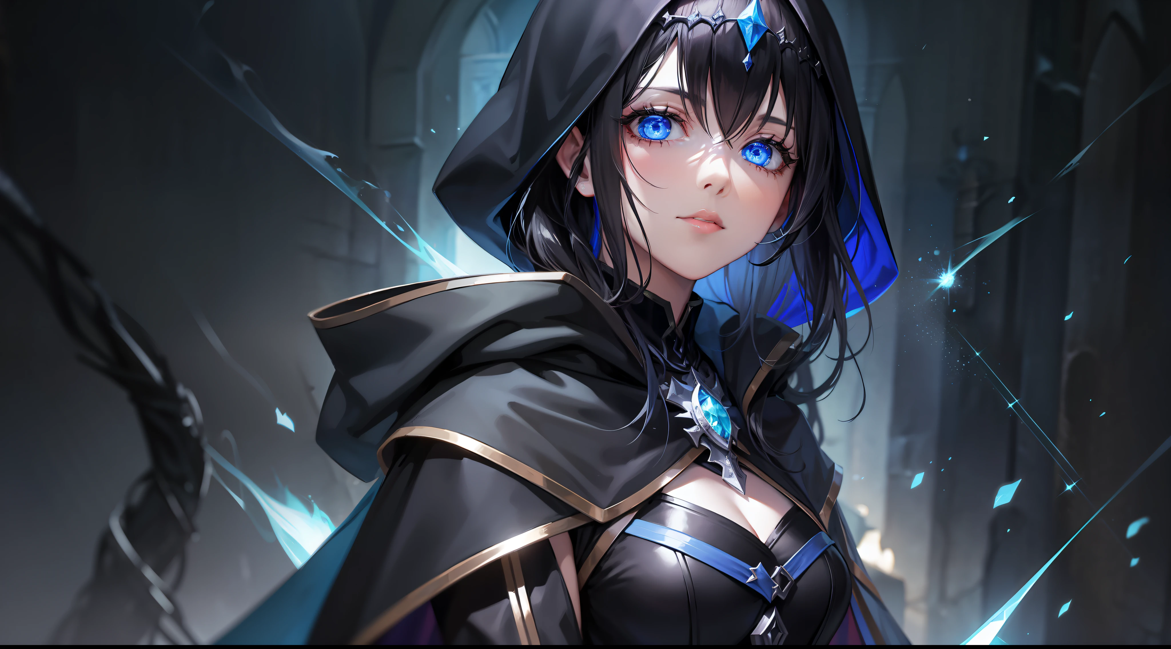 woman, dark sorceress, black cloak, blue hood, black hair, blue eyes, magic, fantasy, medieval, dungeon, night, glow