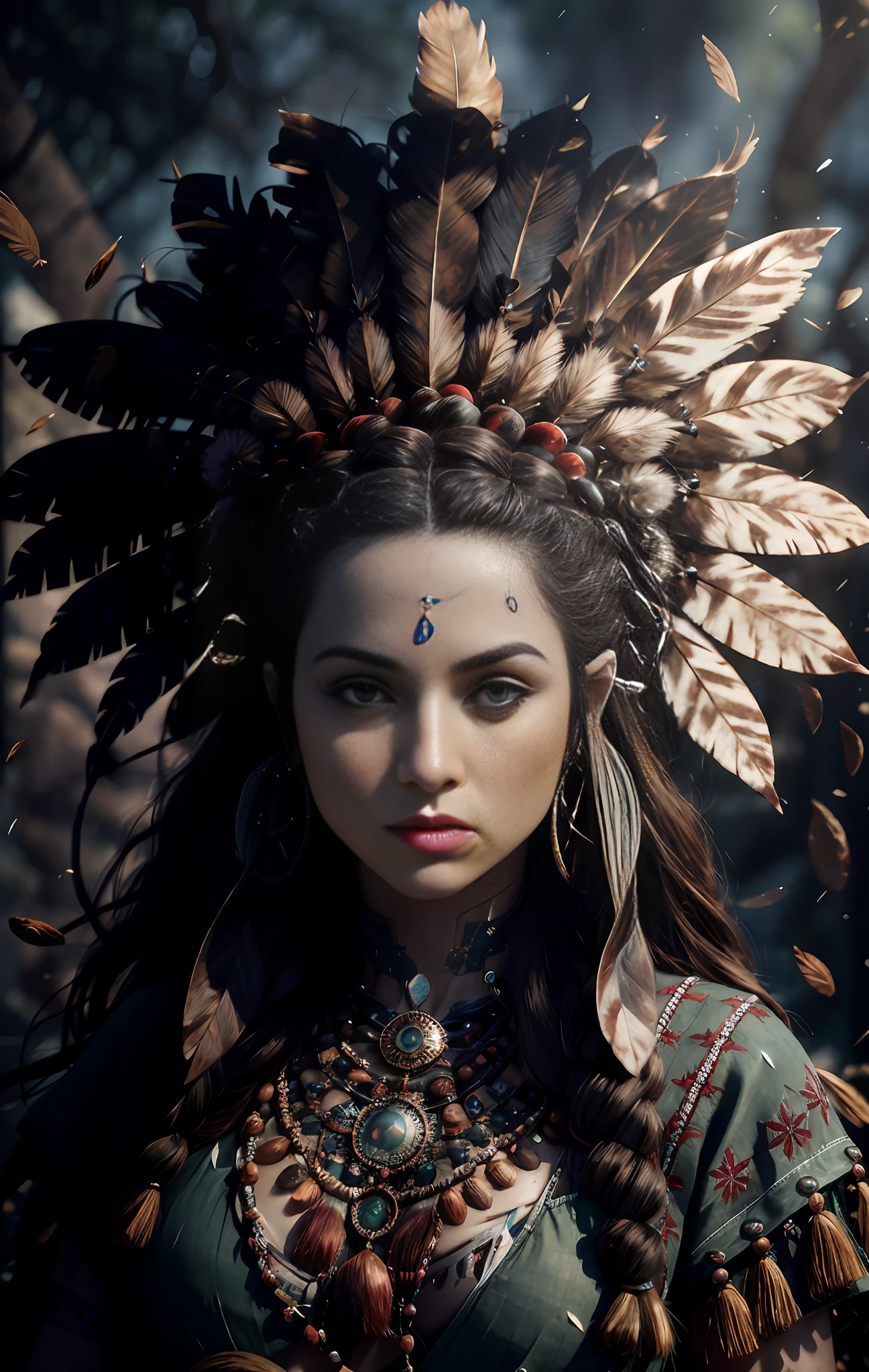 (full portrait), (half shot), solo, detailed background, detailed face, (stonepunkAI, stone theme:1.1), wise, (female), (native american), (beautiful hair, braids:0.2), shaman, septum piercing, mystical, (gorgeous face), stunning, head tilted upwards, (serene expression), calm, Seafoam Green frayed clothes, prayer beads, tribal jewelry, feathers in hair, headdress:0.33, jade, obsidian, detailed clothing, cleavage, realistic skin texture, (floating particles, water swirling, embers, ritual, whirlwind, wind:1.2), sharp focus, volumetric lighting, good highlights, good shading, subsurface scattering, intricate, highly detailed, ((cinematic)), dramatic, (highest quality, award winning, masterpiece:1.5), (photorealistic:1.5), (intricate symmetrical warpaint:0.5),