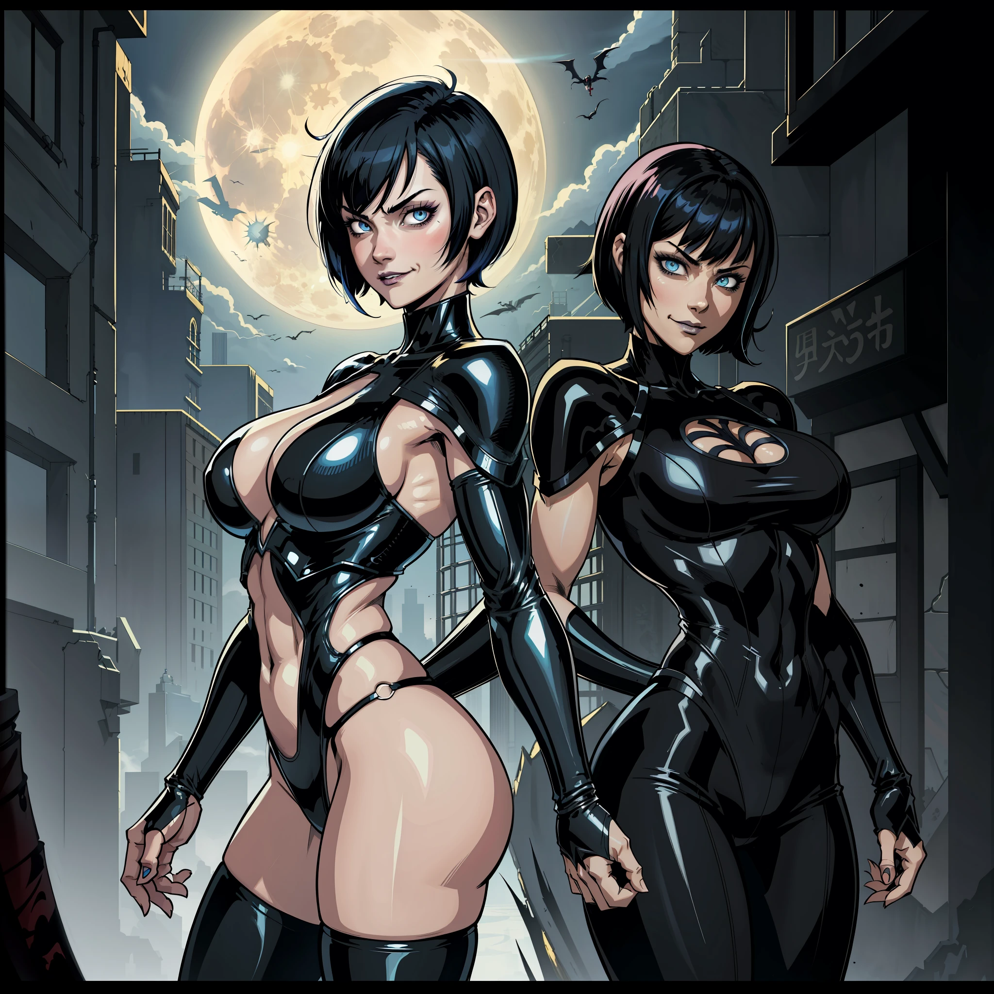 character concept art, menacing pose, 1girl, fair skin, Yusuke Murata art style, girl alone, short hair, black hair, blue eyes, anime girl with tattoos on right arm, anime digital art, beautiful anime girl, female anime girl, anime art, muscular!, big oppai, ilya kuvshinov, badass 8k anime, anime art, cuberpunk hair, very attractive, sensual, gothic, blue vampire eyes, cute face, smiling, short black hair, perfect body, fit body, abdomen, big breasts, chubby butt, prancing ass, prancing butt, gothic clothes, cyberpunk clothes, vampire clothes, muscular, simple background with the moon, pale skin, vampire, seductive face,