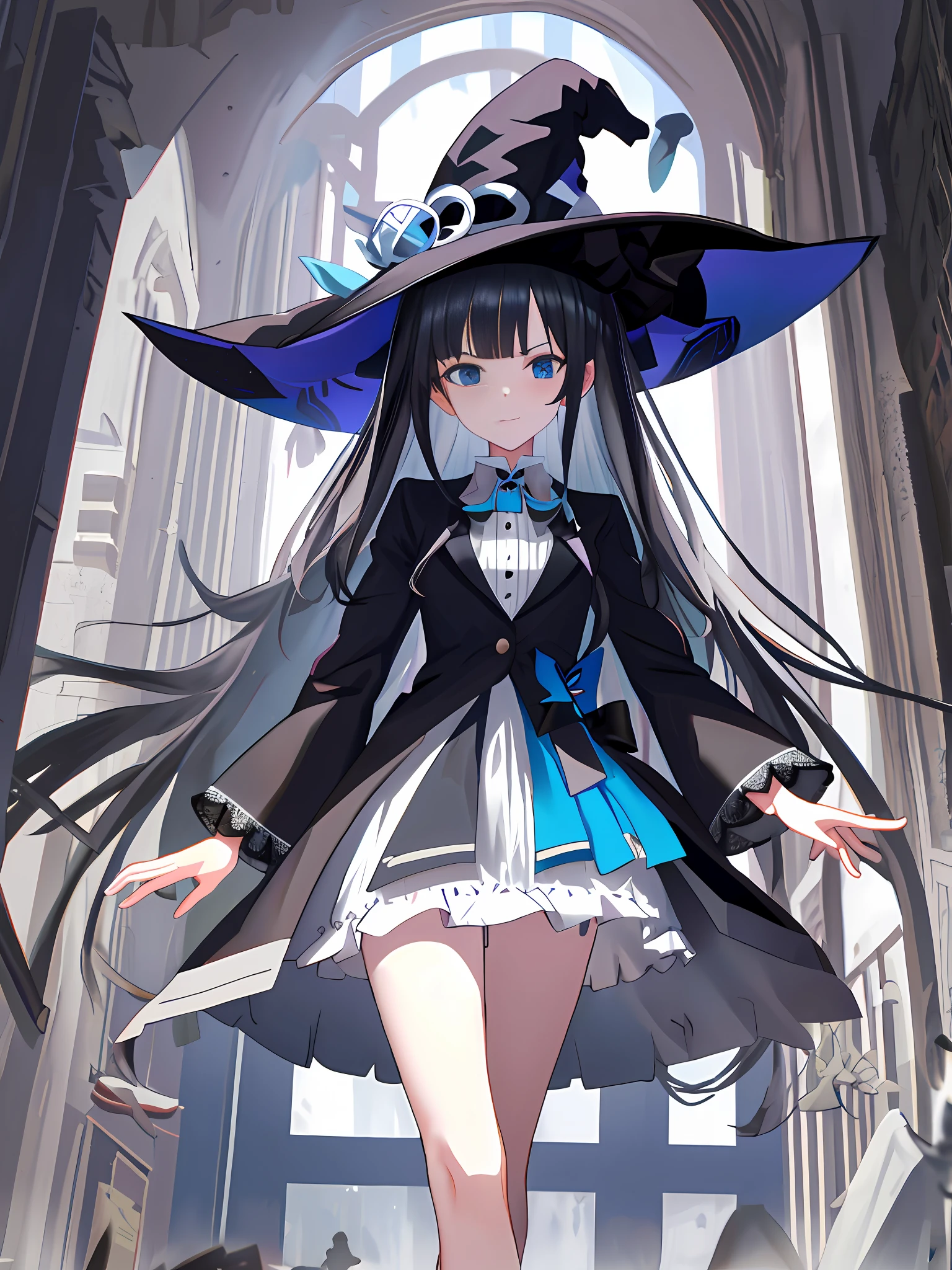 Witch, a person, white silk, short skirt with gray and white trim, short skirt with lace trim, black witch hat, castle, slender legs, blue eyes, black hair, long hair, straight hair, anime, pixiv