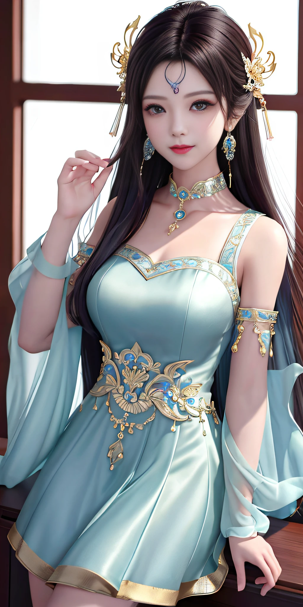 Best quality、a masterpiece、high resolusion、Girls 1 pc、Sheer silk porcelain dress、Nice face、hair ornament、looks at the viewer、smiled、Shut your mouth、Lips、One Piece Dresses、Sexy beautiful legs,Plump breasts,hair ornament、Choker、JEWELRY、length hair、earings、Pretty Face、On the body、Tindal effect、realistness、Shadow Studio、edge lighting、Two-Color Lighting、(highdetailedskin:1.2)、8k Ultra HD、DSLR、softlighting、High Quality,Volumetric Lighting,photograph of,High resolution 4K,8k,Blur the background