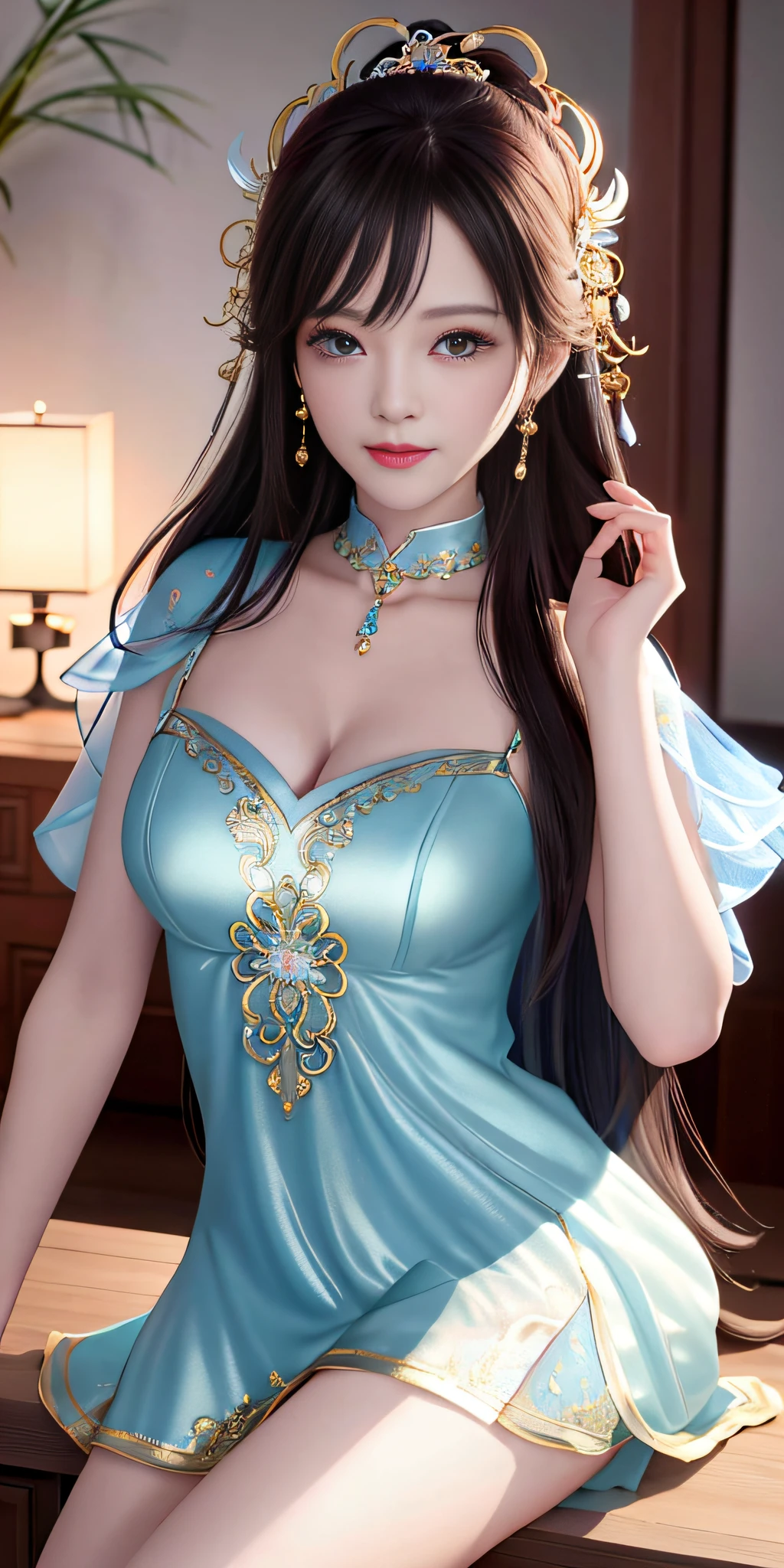 Best quality、a masterpiece、high resolusion、Girls 1 pc、Sheer silk porcelain dress、Nice face、hair ornament、looks at the viewer、smiled、Shut your mouth、Lips、One Piece Dresses、Sexy beautiful legs,Plump breasts,hair ornament、Choker、JEWELRY、length hair、earings、Pretty Face、On the body、Tindal effect、realistness、Shadow Studio、edge lighting、Two-Color Lighting、(highdetailedskin:1.2)、8k Ultra HD、DSLR、softlighting、High Quality,Volumetric Lighting,photograph of,High resolution 4K,8k,Blur the background