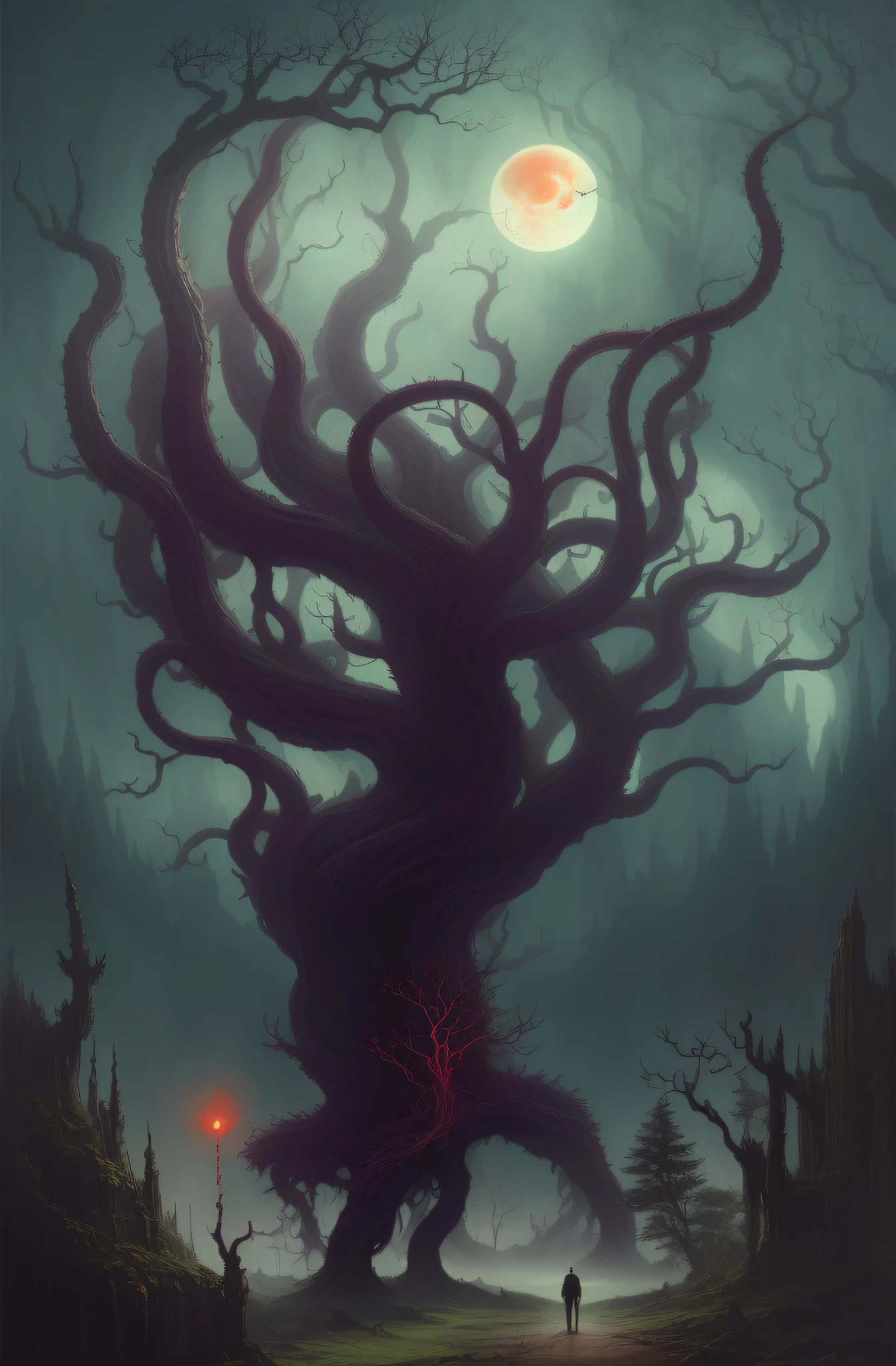 A painting of a giant tree, painful sensations, inside a man walking, Blood Moon tentacles!!, dark fantasy horror art, Eldridge abomination, fantasy horror art, horror fantasy art, Eldridge entity, Eldridge god, evil tree wizard, Peter Morbach style, dark fantasy art, Bekshinski and Dan Mumford --auto --s2