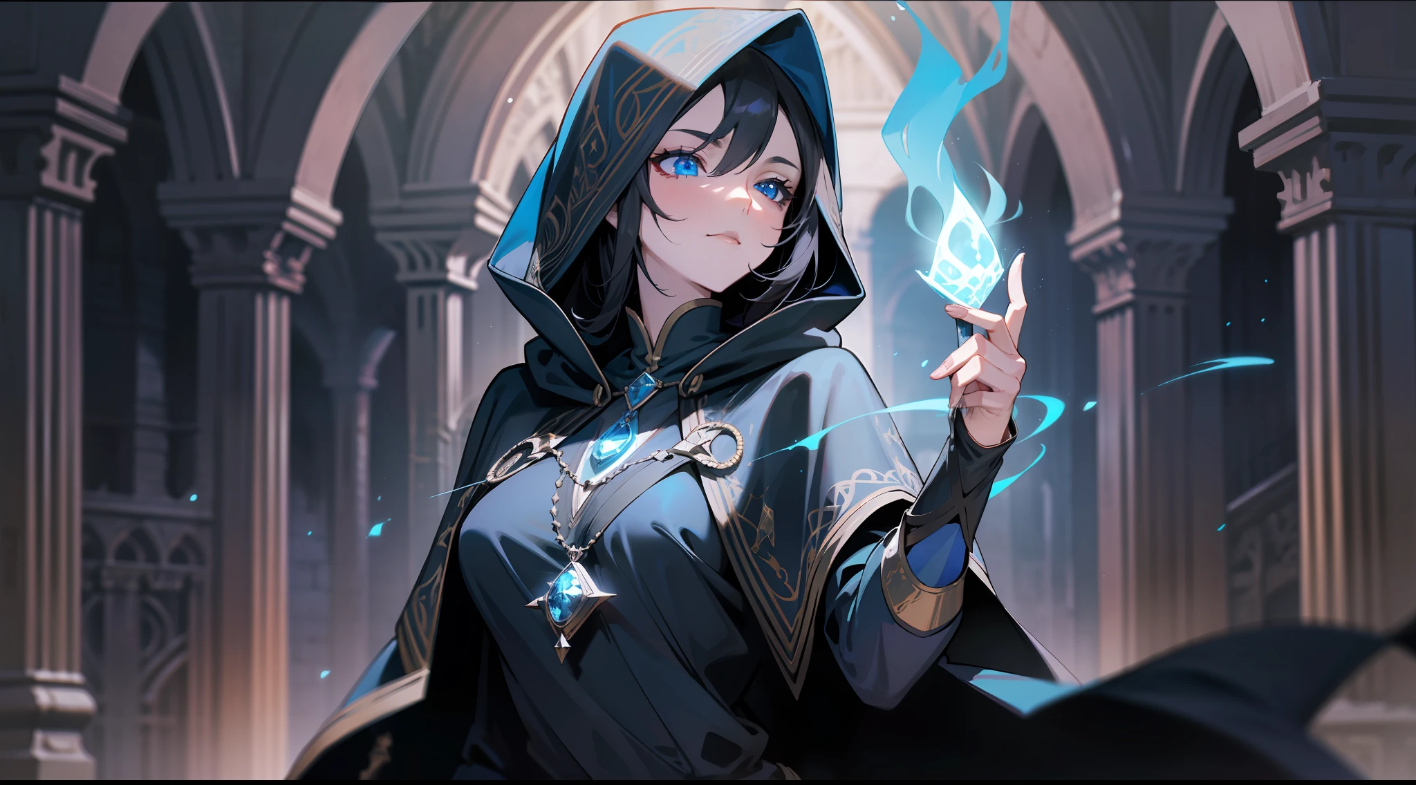 masterpiece, best quality, mature woman, dark sorceress, black cloak, blue hood, black hair, blue eyes, magic, fantasy, medieval, dungeon, night, dynamic pose, beautiful detailed glow.
