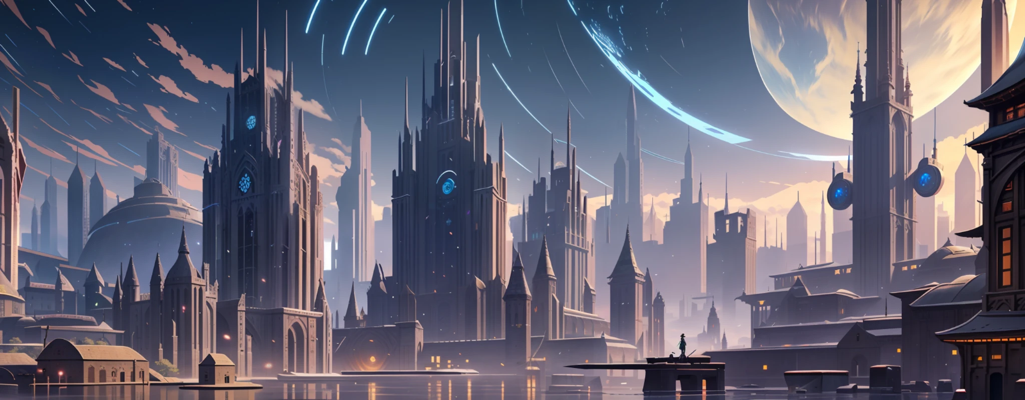 landscape of a medieval city futuristic, ultra realistic, high resolution, city, floating round island, floating disk city, circles streets city, buildings in the form of bookshelves. night, stars, orbit, ufos, buildings, paper technology, detailed line art, fine details, makoto shinkai kyoto animation key art, trend in artstation, trend in CGsociety, medievalpunk, ancient, ruined, alien, old, precursor, 8k, high quality, post process,