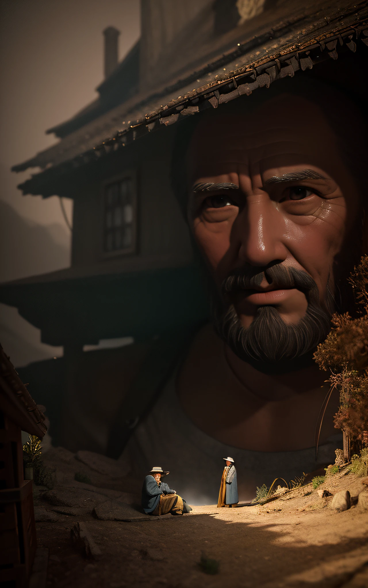 two men talking: a man and a wise old man talking in a small house on a hill, art by Abbott Handerson Thayer, fine, atmospheric details, vivid tones, sharp focus, sharp edges, realistic concept art, digital painting, rich 3d rendering, all the face that is captured on the screen, 16k