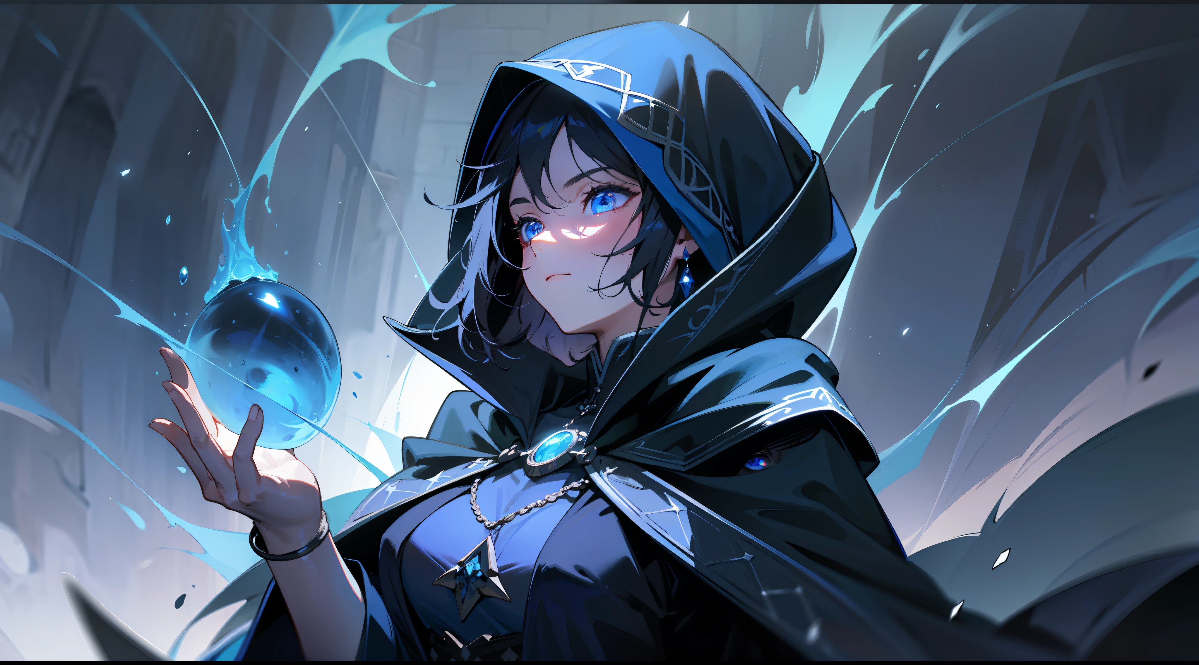 masterpiece, best quality, mature woman, dark sorceress, black cloak, blue hood, black hair, blue eyes, magic, fantasy, medieval, dungeon, night, dynamic pose, beautiful detailed glow.