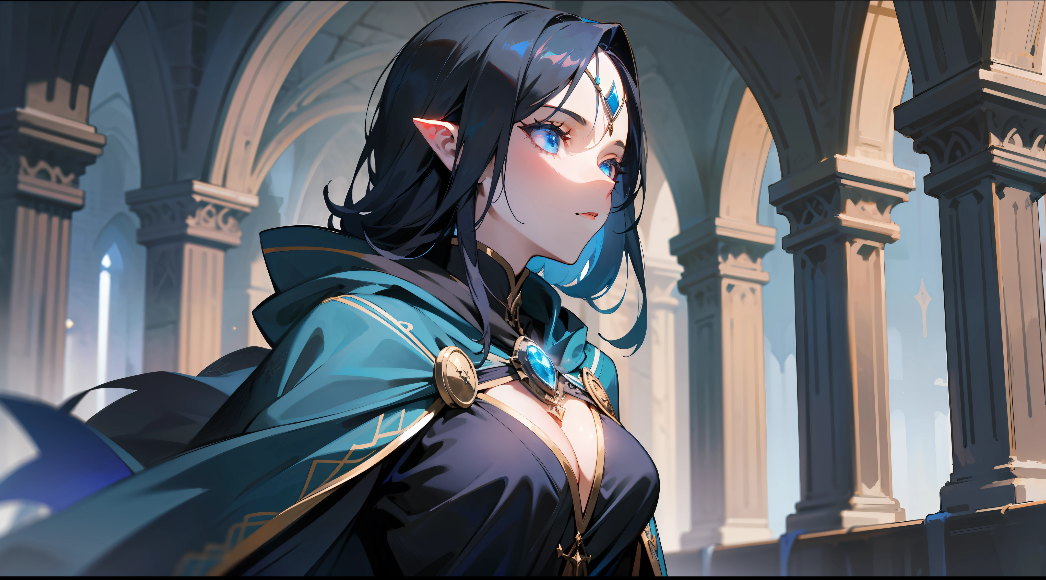 masterpiece, best quality, mature woman, dark sorceress, black cloak, blue hood, black hair, blue eyes, magic, fantasy, medieval, dungeon, night, dynamic pose, beautiful detailed glow.