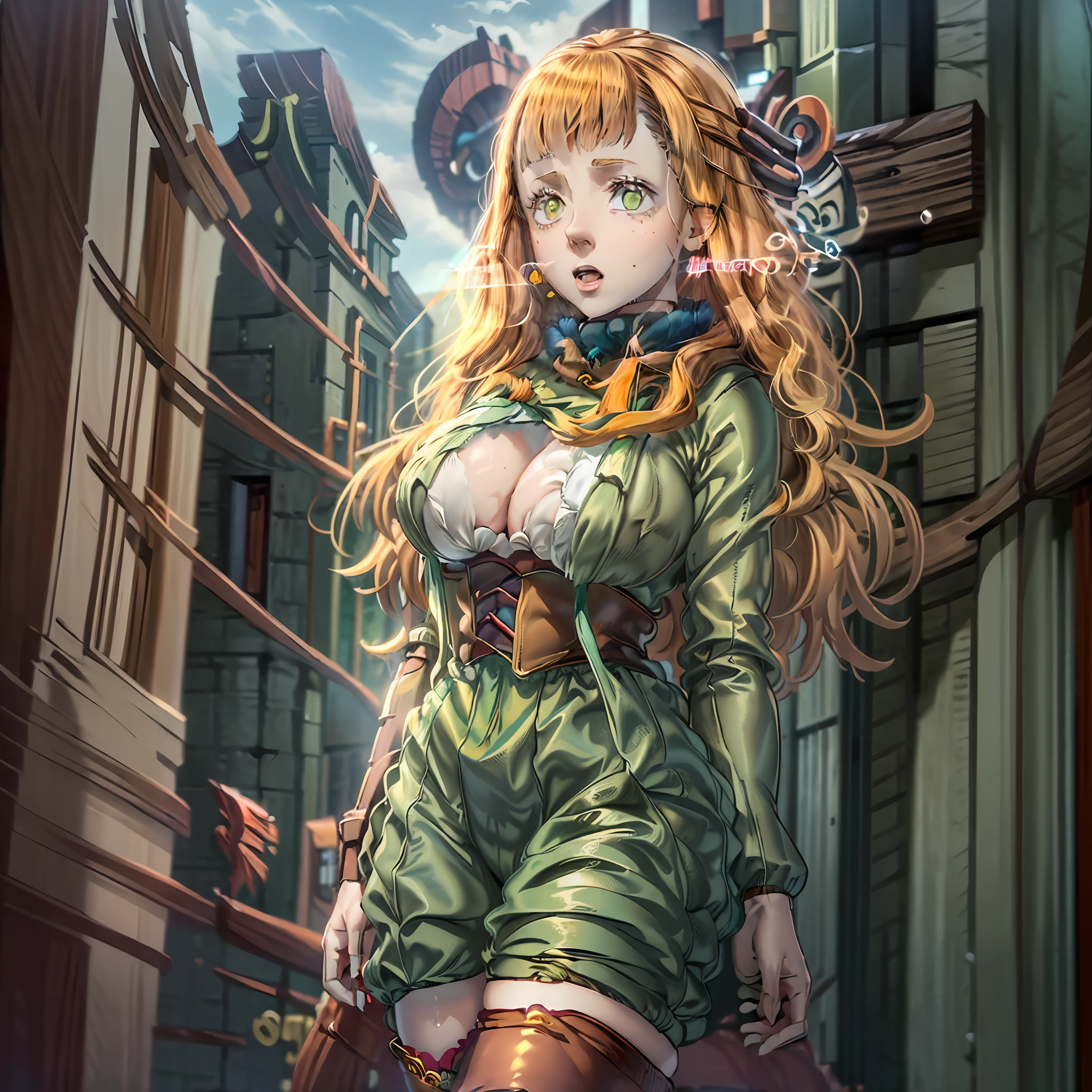 (1girl), (sexy girl), alone, (((detailed face and eyes))),((light green eyes)),(((long straight loose hair)),((soft orange hair)),((extremely red coat)),((brown boots)),((white clothes)), ((brown girdle)),((brown bag)), holding a magic book, 8k, high quality, full HD, busty