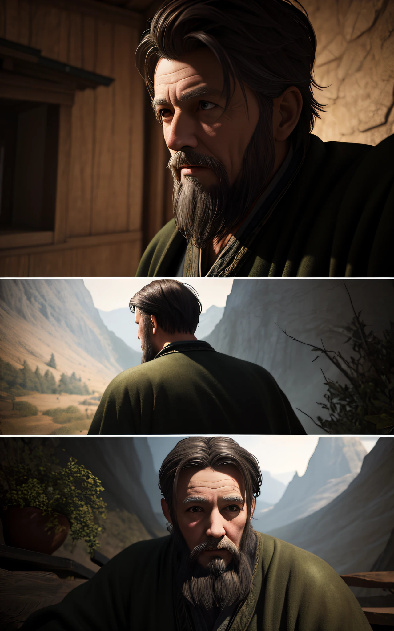 two men talking: a man and a wise old man talking in a small house on a hill, art by Abbott Handerson Thayer, fine, atmospheric details, vivid tones, sharp focus, sharp edges, realistic concept art, digital painting, rich 3d rendering, all the face that is captured on the screen, 16k