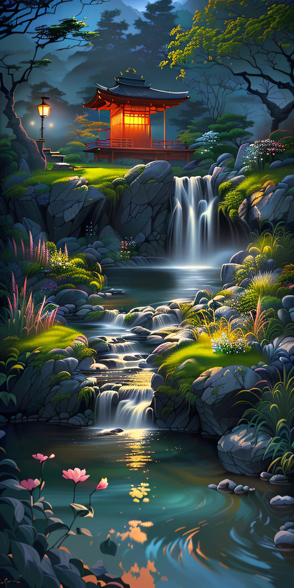 painting of a waterfall and a pagoda in a japanese garden, detailed scenery —width 672, ross tran. scenic background, 4k highly detailed digital art, beautiful art uhd 4 k, relaxing concept art, detailed painting 4 k, highly detailed digital painting, beautiful digital painting, 4k detailed digital art, 8k high quality detailed art