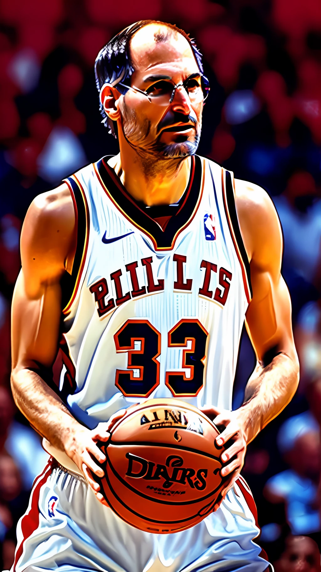 Steve Jobs wearing a basketball uniform, making an NBA-style dunk play, on a basketball court, with an audience, lighting, ultra realistic, with a lot of vivid color, with lots of details. --auto --s2