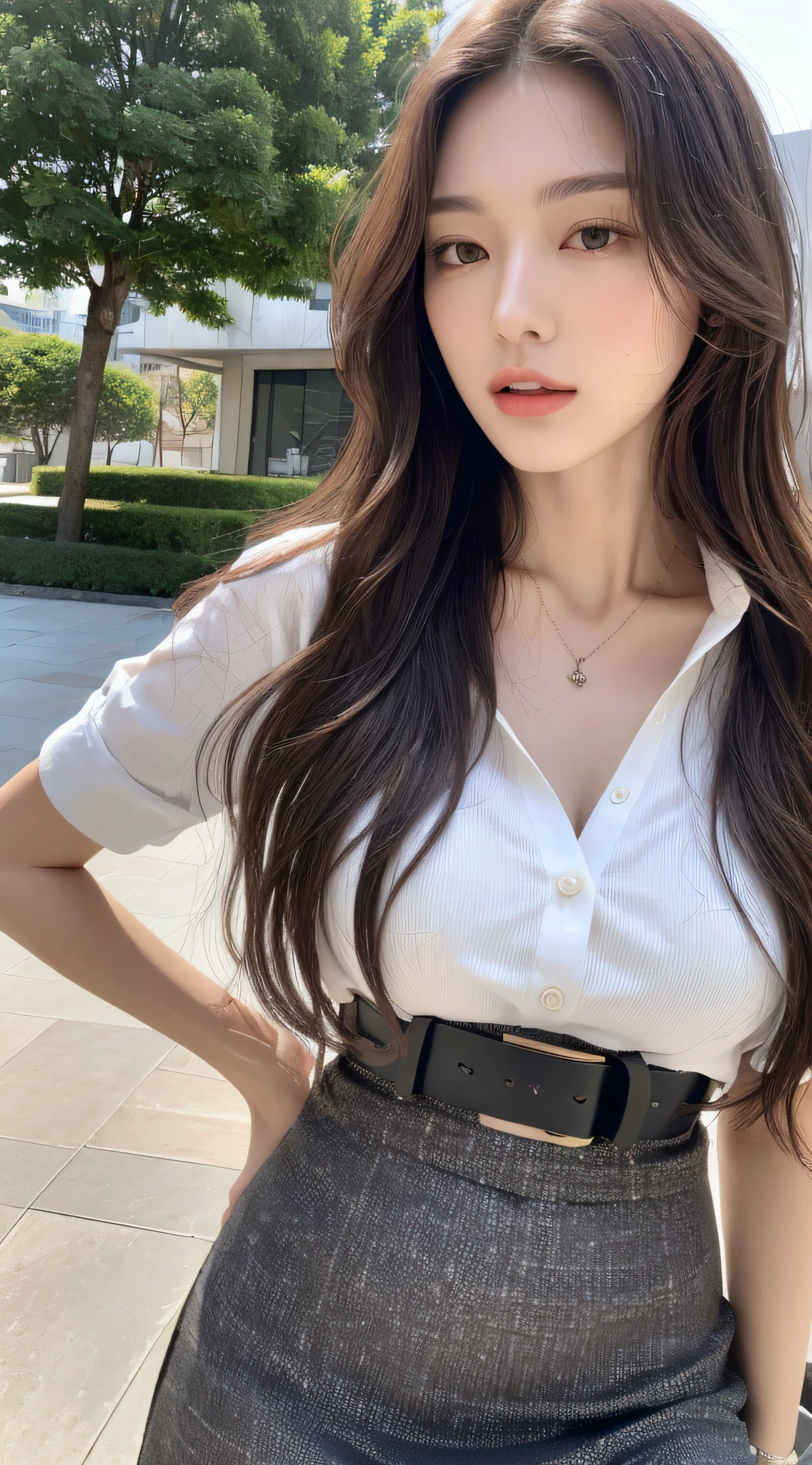 (Best quality, High resolution, Masterpiece :1.3), A tall and pretty woman, Slender abs, Dark brown hair styled in loose waves, Breasts, Wearing pendant, White button up shirt, Belt, Black skirt, (Modern architecture in background), Details exquisitely rendered in the face and skin texture, Detailed eyes, Double eyelid